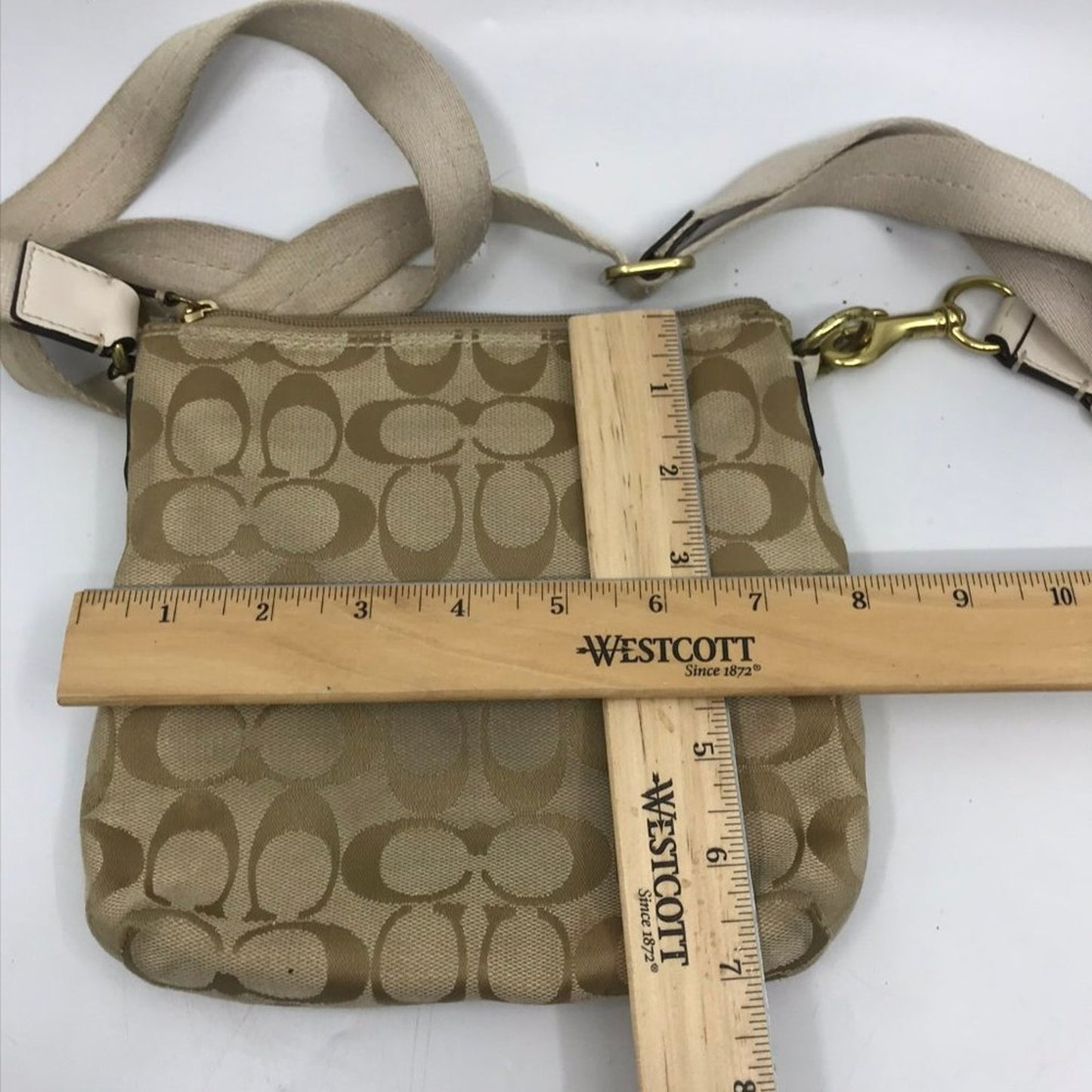 COACH Tan Cream Jacquard Fabric CrossBody Bag