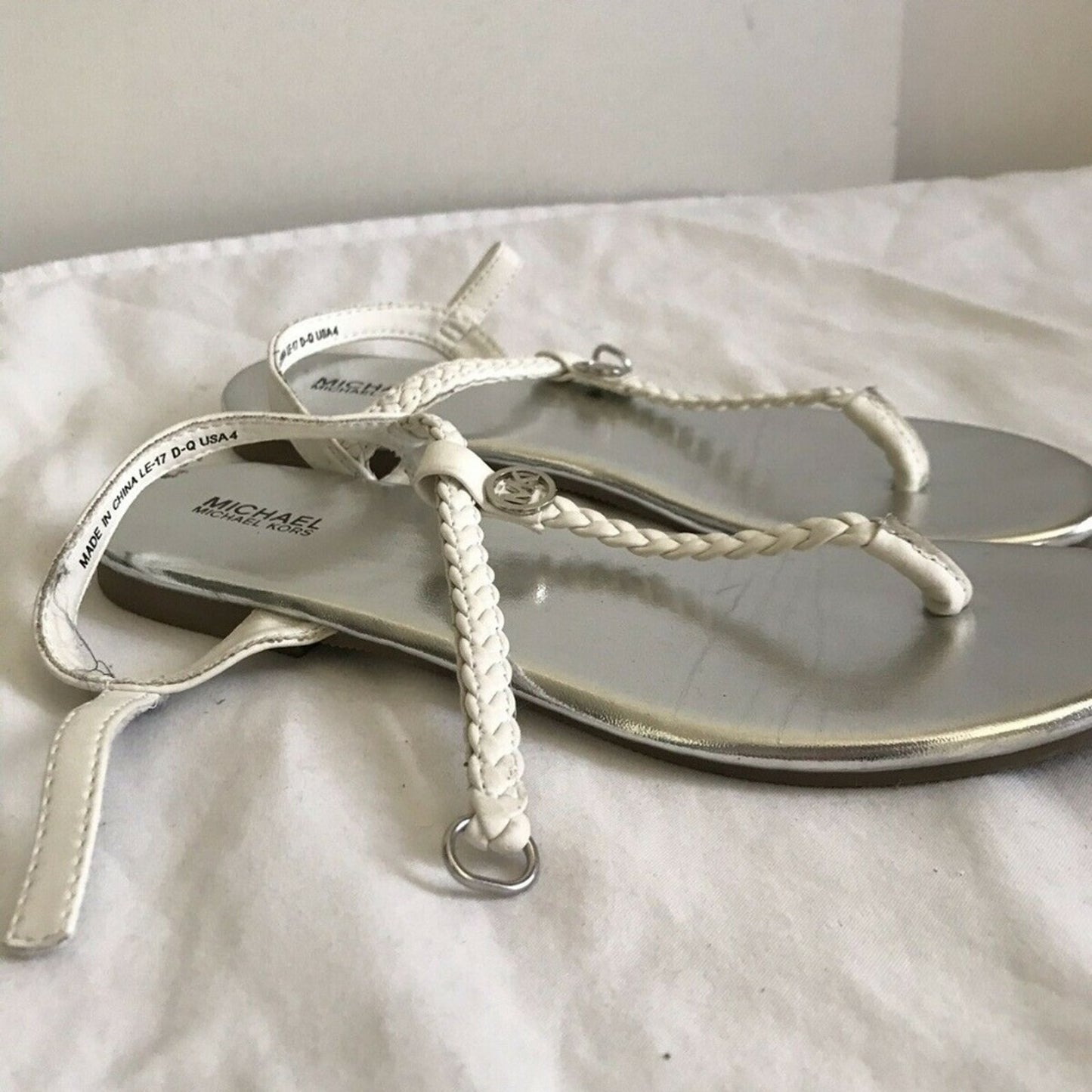 MICHAEL KORS White/Silver Braided T-Strap Sandal
