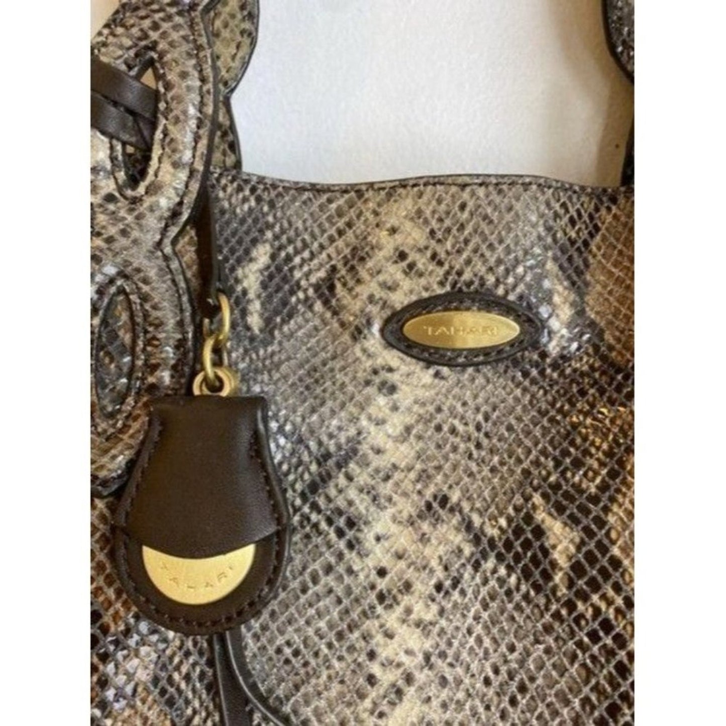 Elie Tahari Snake Print Brown Beige Leather Shoulder Bag