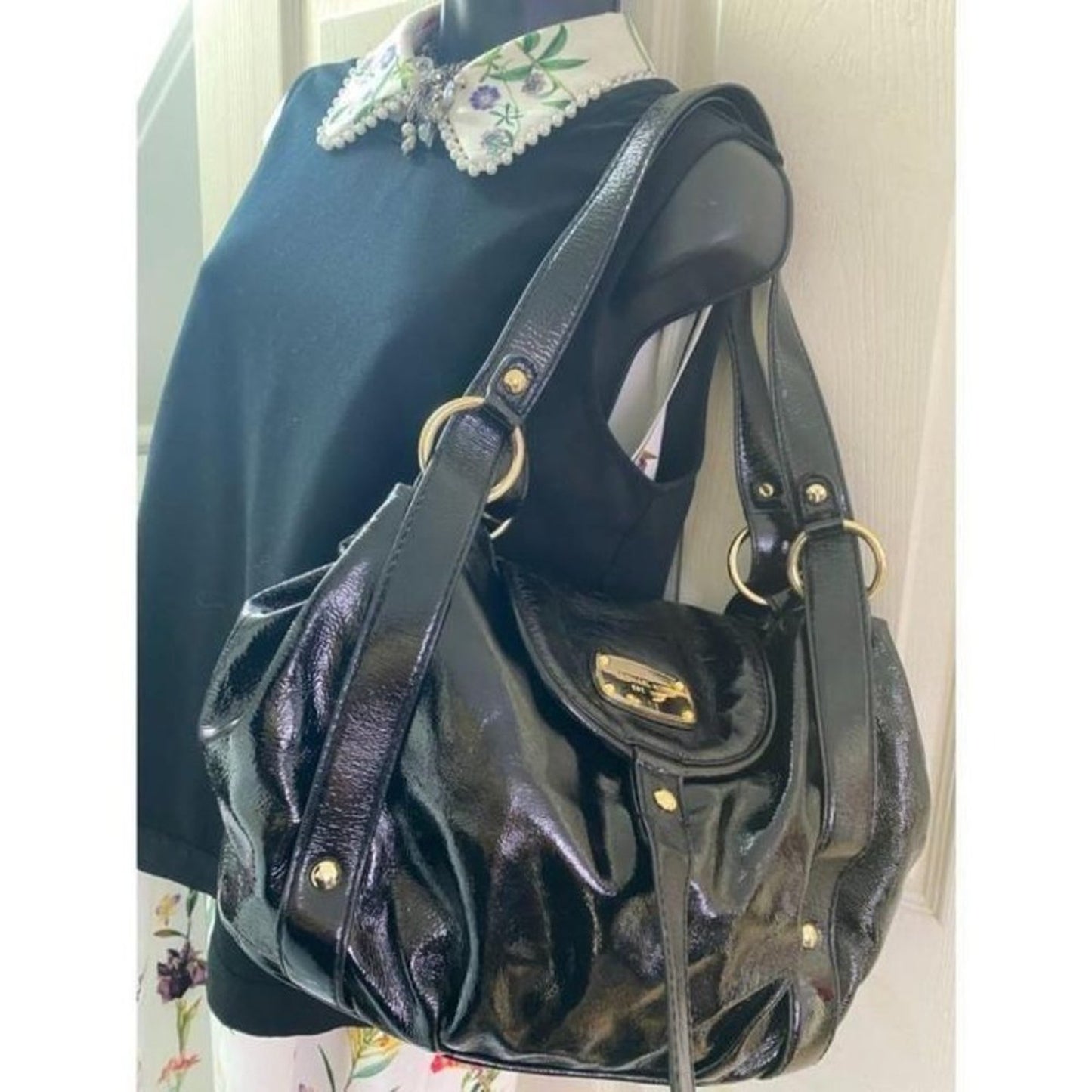 michael kors large black patent leather shoulder b