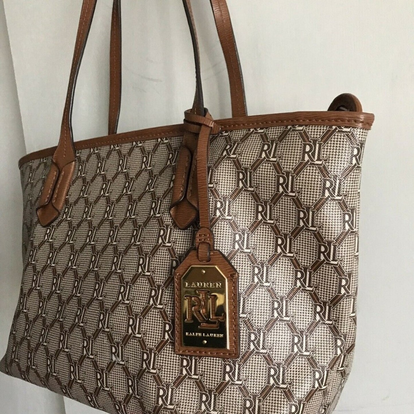 RALPH LAUREN Medium Brown Leather Logo Tote