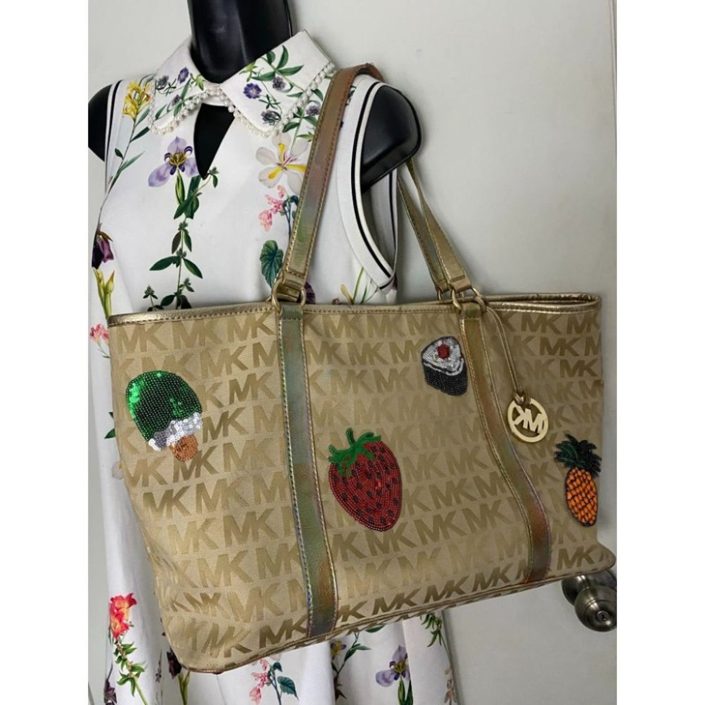 Michael Kors XL Jacquard Fabric Tan Tote Bag