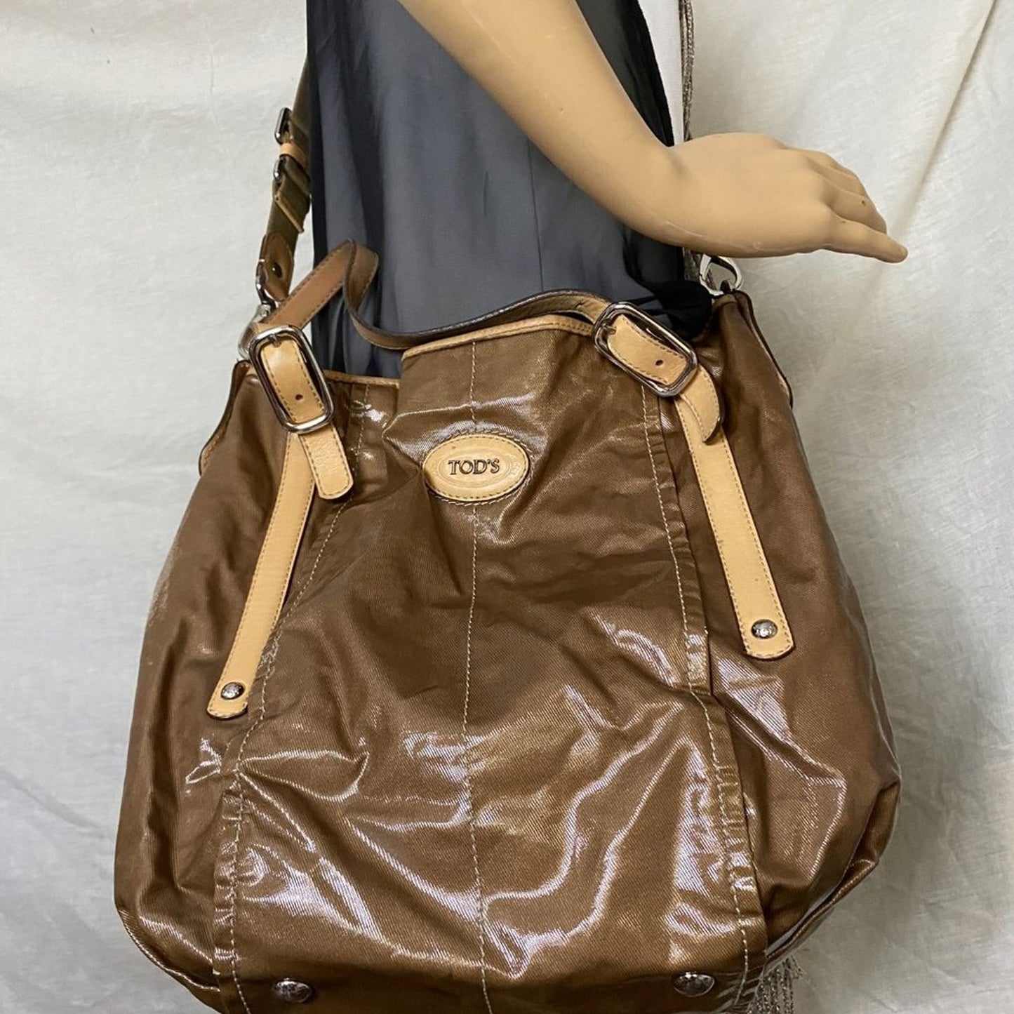 TOD’S Large Laminated Fabric Tote Bag W/ Strap