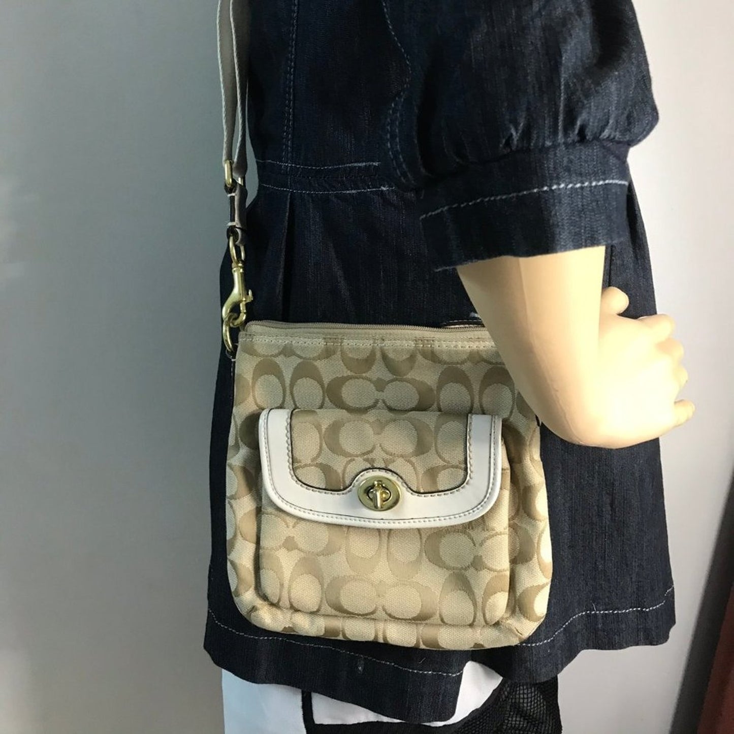 COACH Tan Cream Jacquard Fabric CrossBody Bag