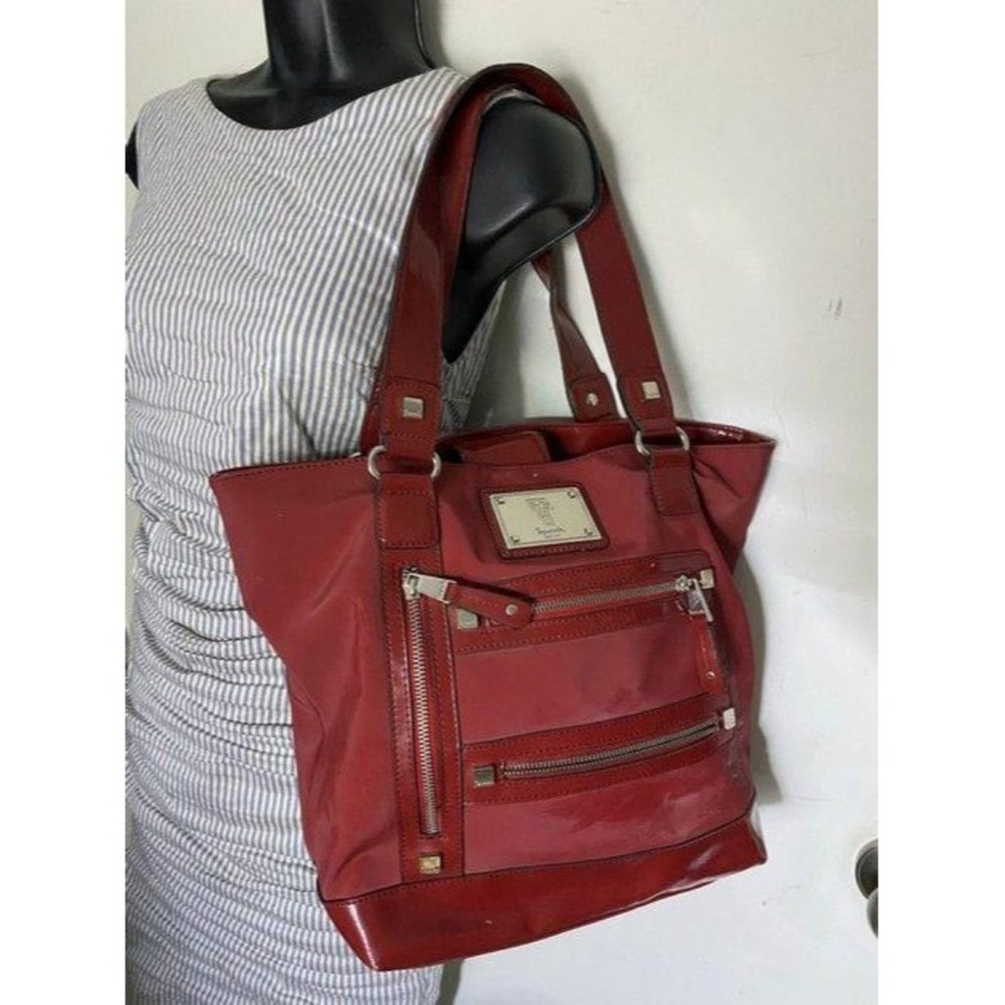 Tignanello Shoulder Bag Red Nylon Fabric Tote