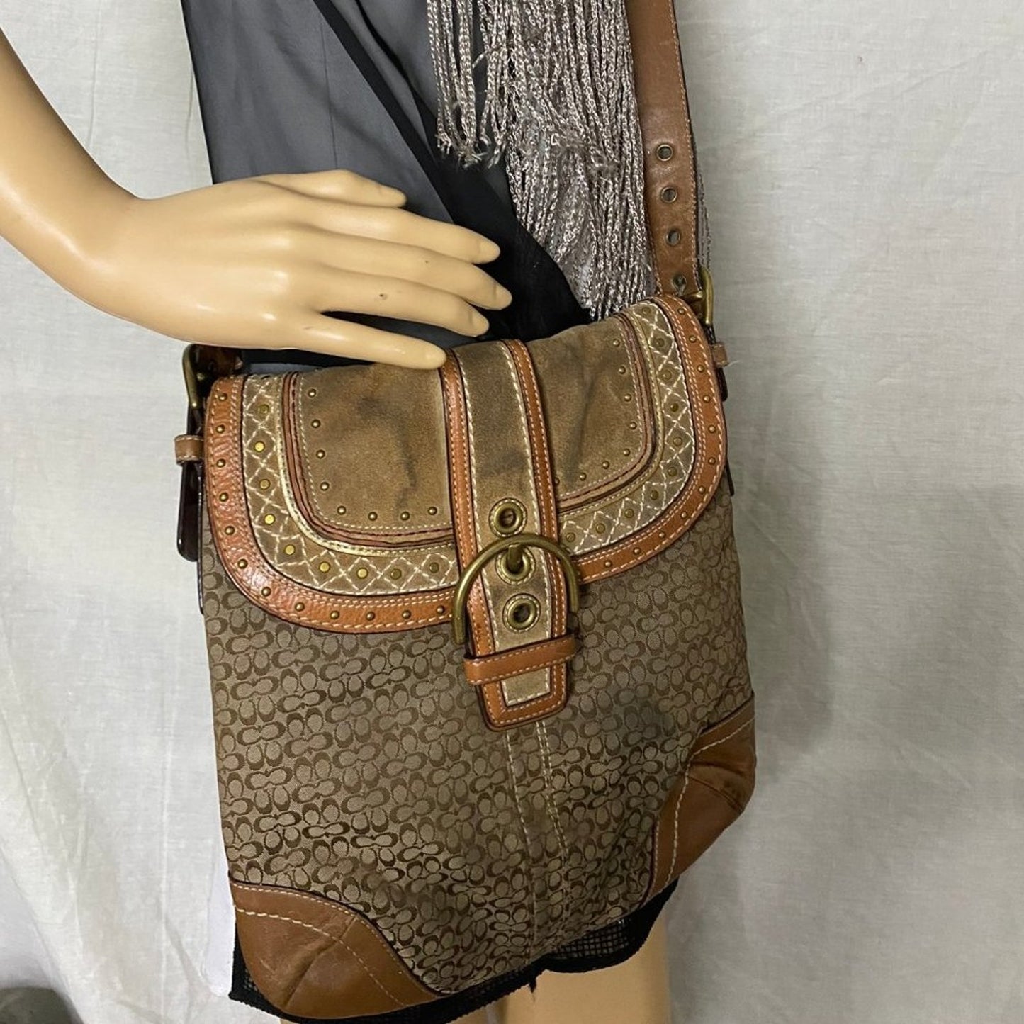 COACH XL Tan Brown Jacquard Fabric Crossbody Bag