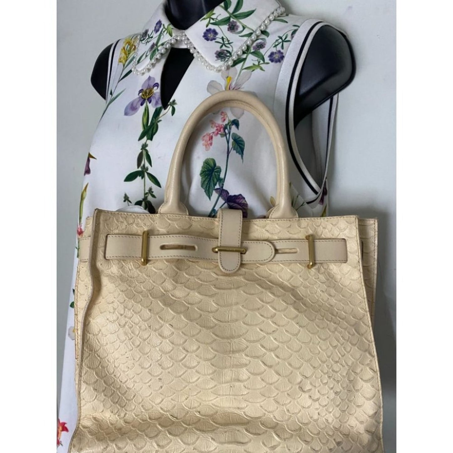 FURLA Croc Embossed Beige Leather Handbag