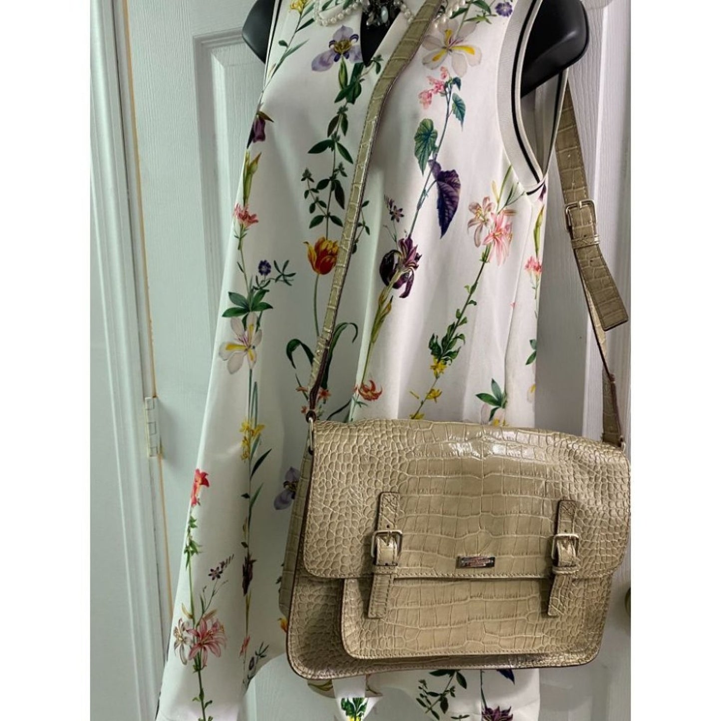 KATE SPADE Tan Patent Croc Embossed Messenger Bag