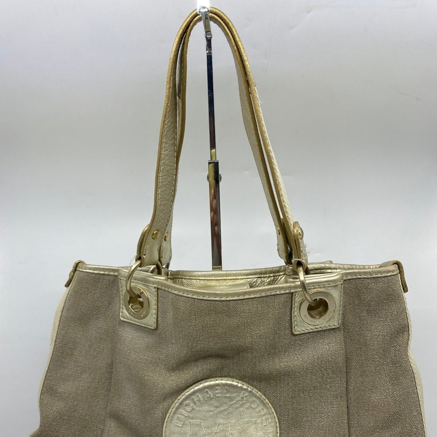 Michael Kors M Tan Interwoven Canvas Shoulder Bag