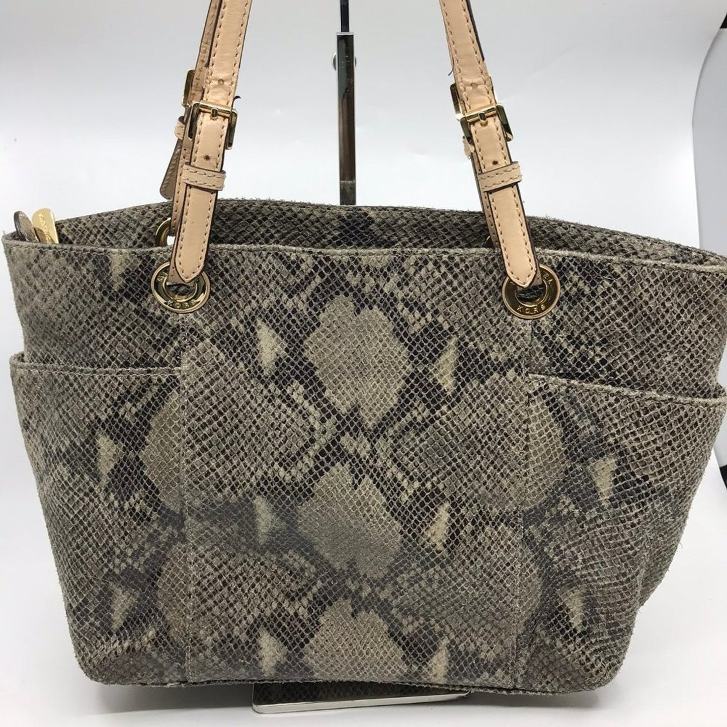 Michael Kors Gray Tan Snake Print Leather Tote Bag