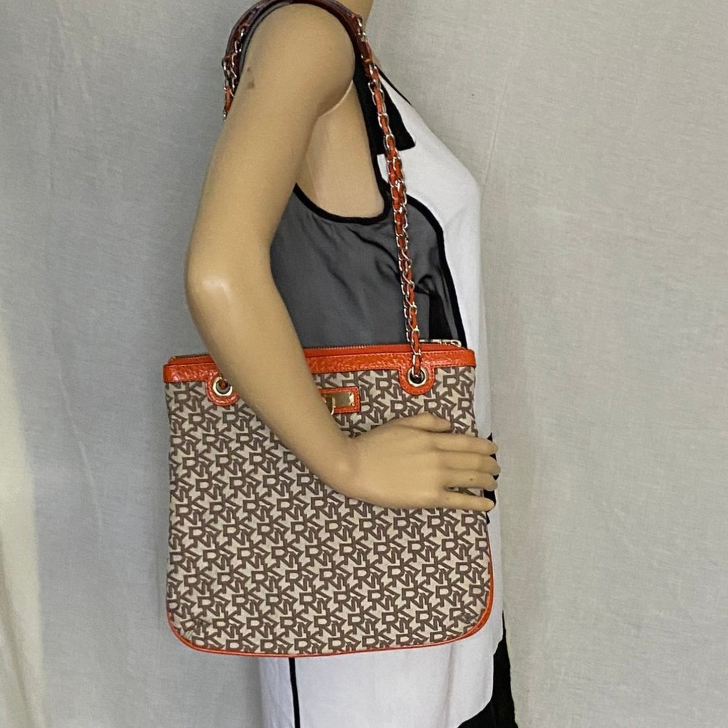 DKNY Tan Orange All Over Logo Fabric Shoulder Bag