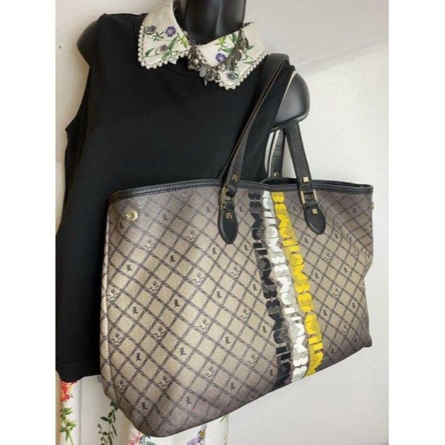 lamb shopping xl l black tan coated canvas tote
