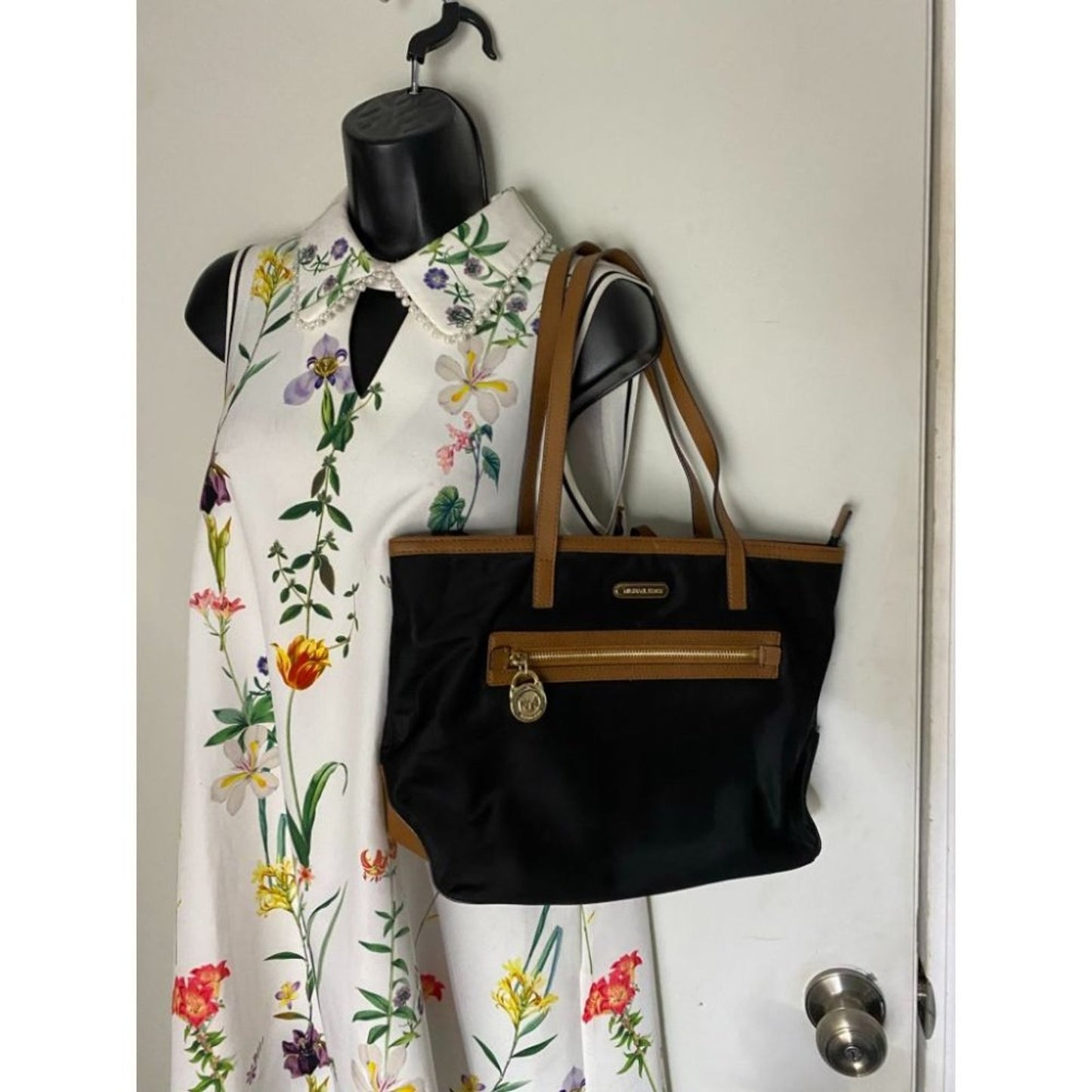 Michael Kors Nylon Black Tan Shoulder Tote Bag LG