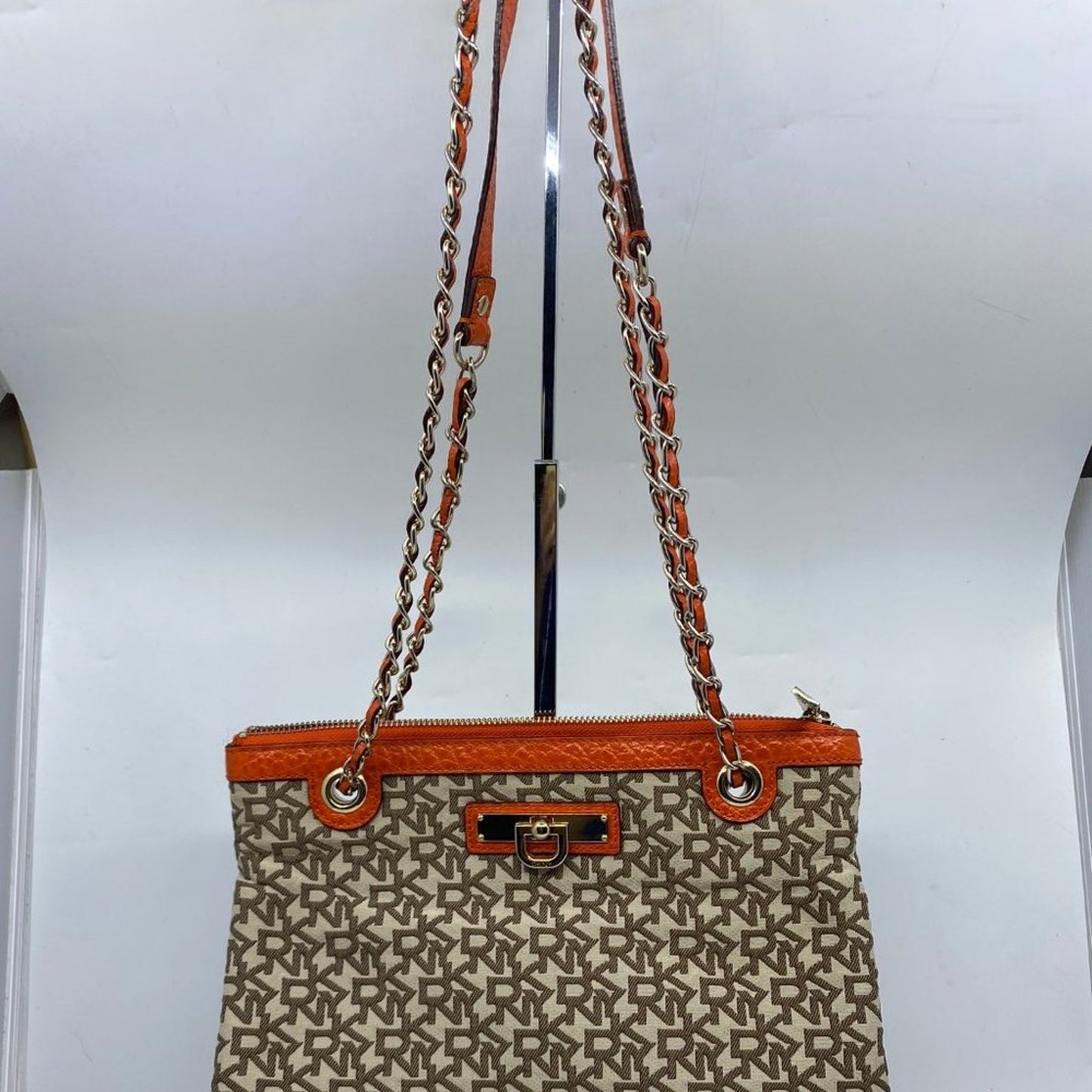 DKNY Tan Orange All Over Logo Fabric Shoulder Bag