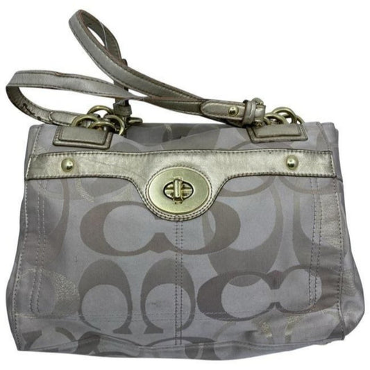 coach large gray gold fabric shoulder bag