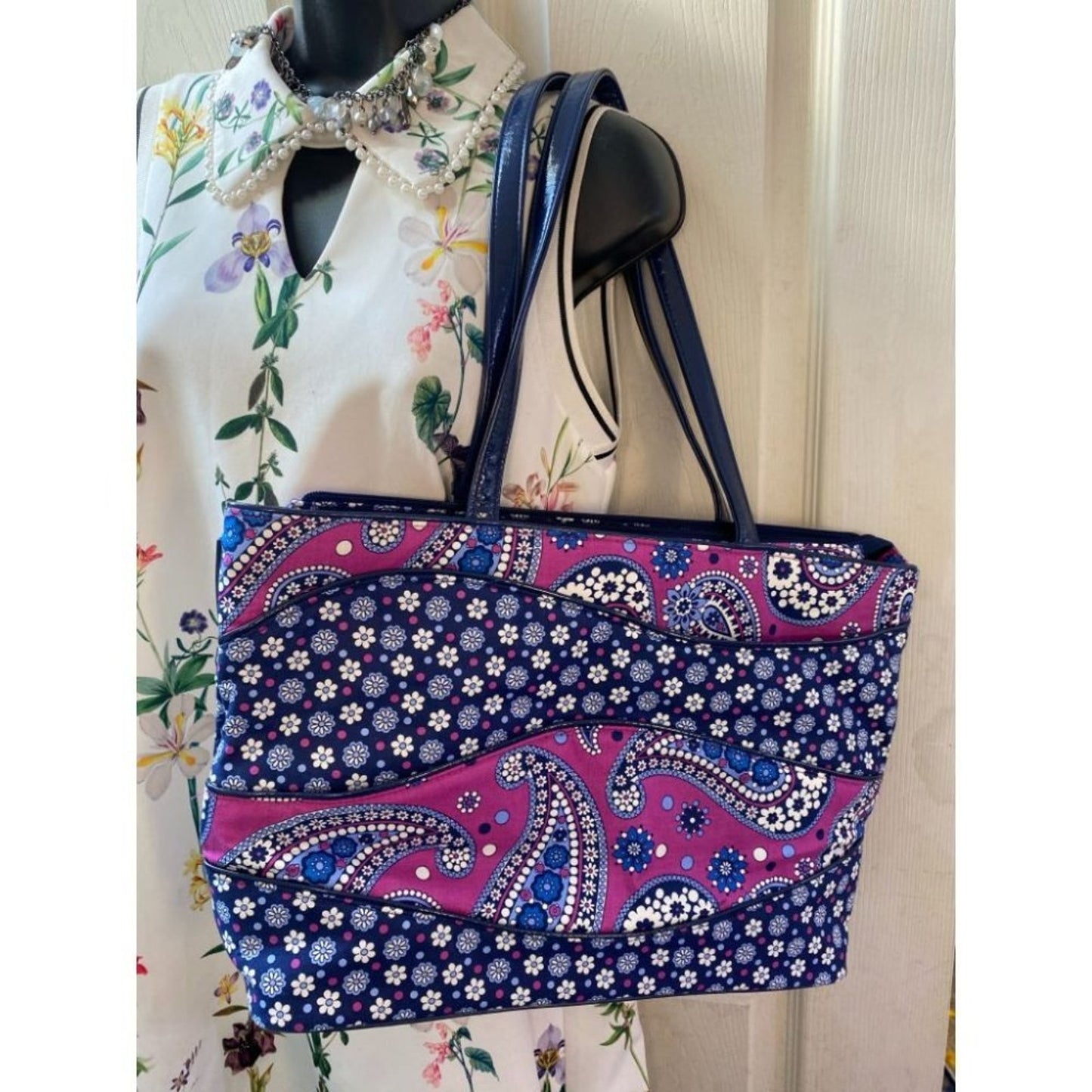 Vera Bradley Blue Pink Quilted Fabric Tote Bag