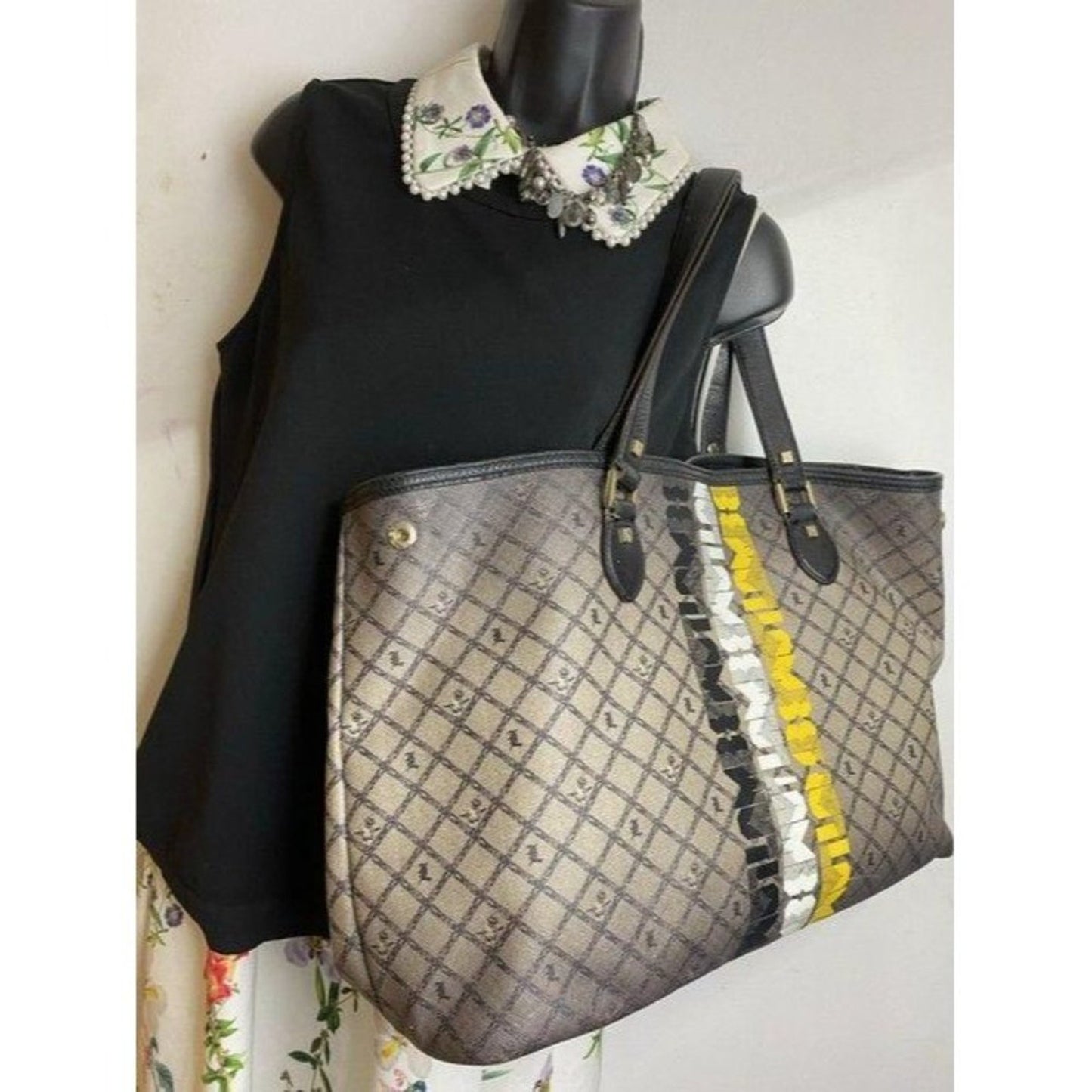 lamb shopping xl l black tan coated canvas tote