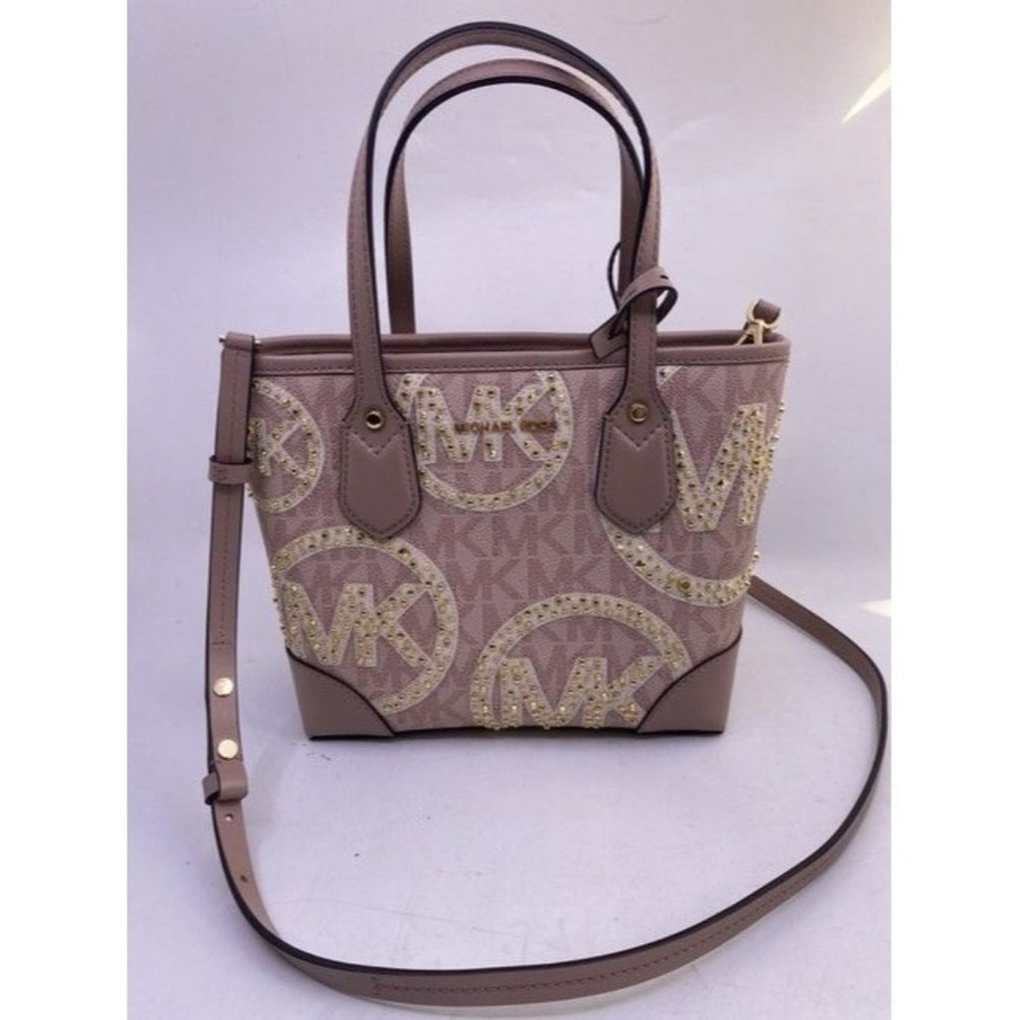 Michael Kors Brooklyn Eva Studded With Pouch Smokey Rose Embossed Pebble…