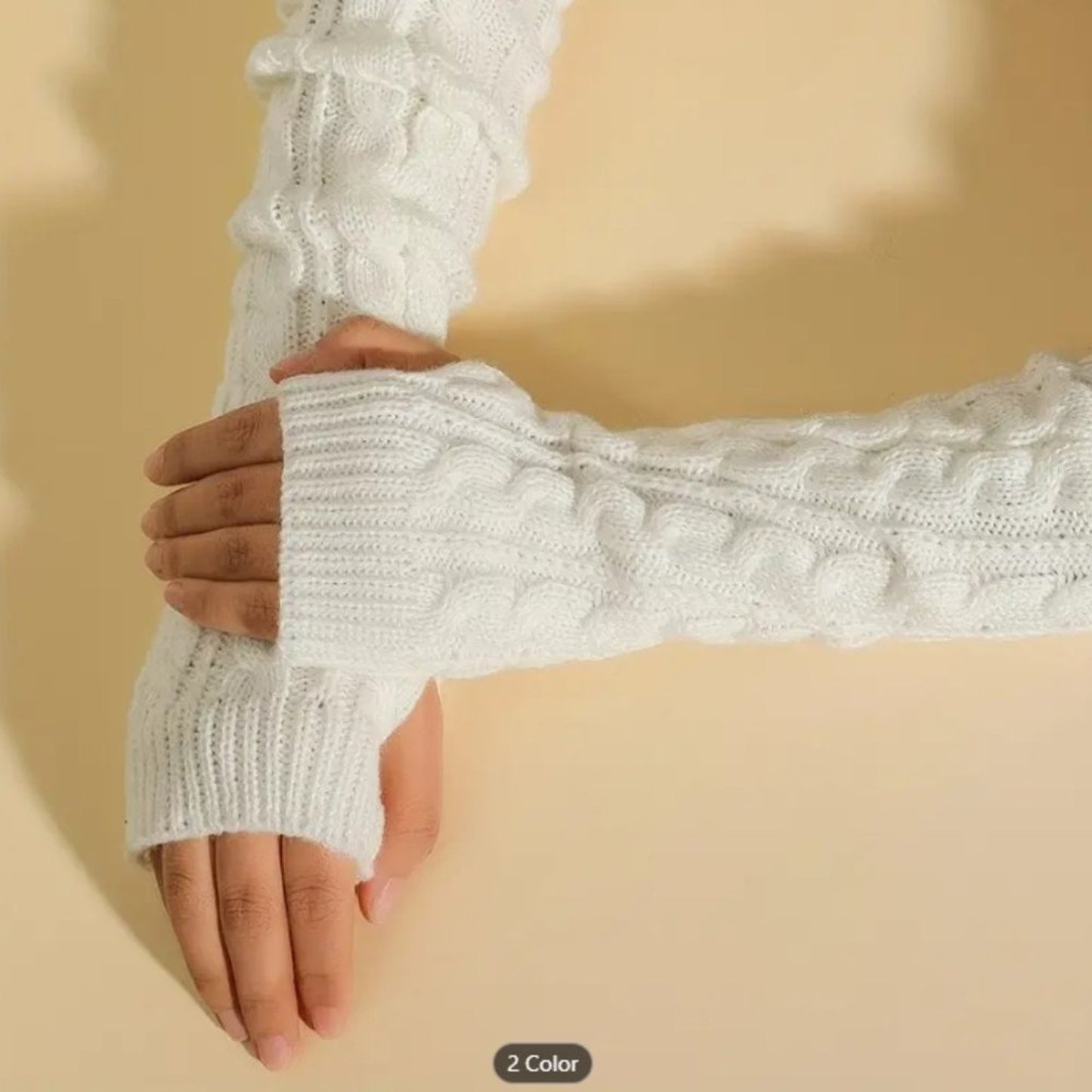Ribbed Knitted Mid-length Gloves Warm Sleeves Solid Color Elastic Finger…
