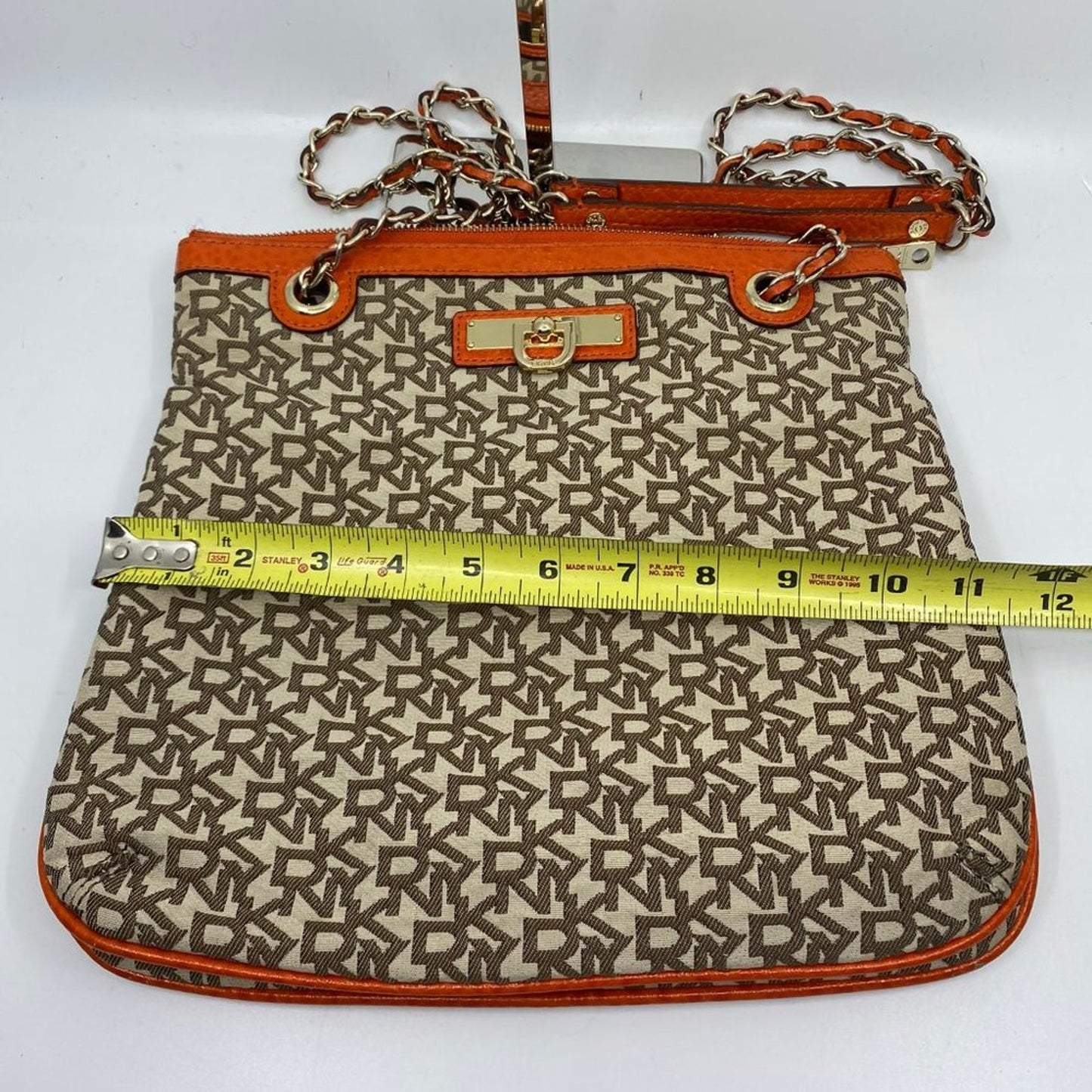 DKNY Tan Orange All Over Logo Fabric Shoulder Bag