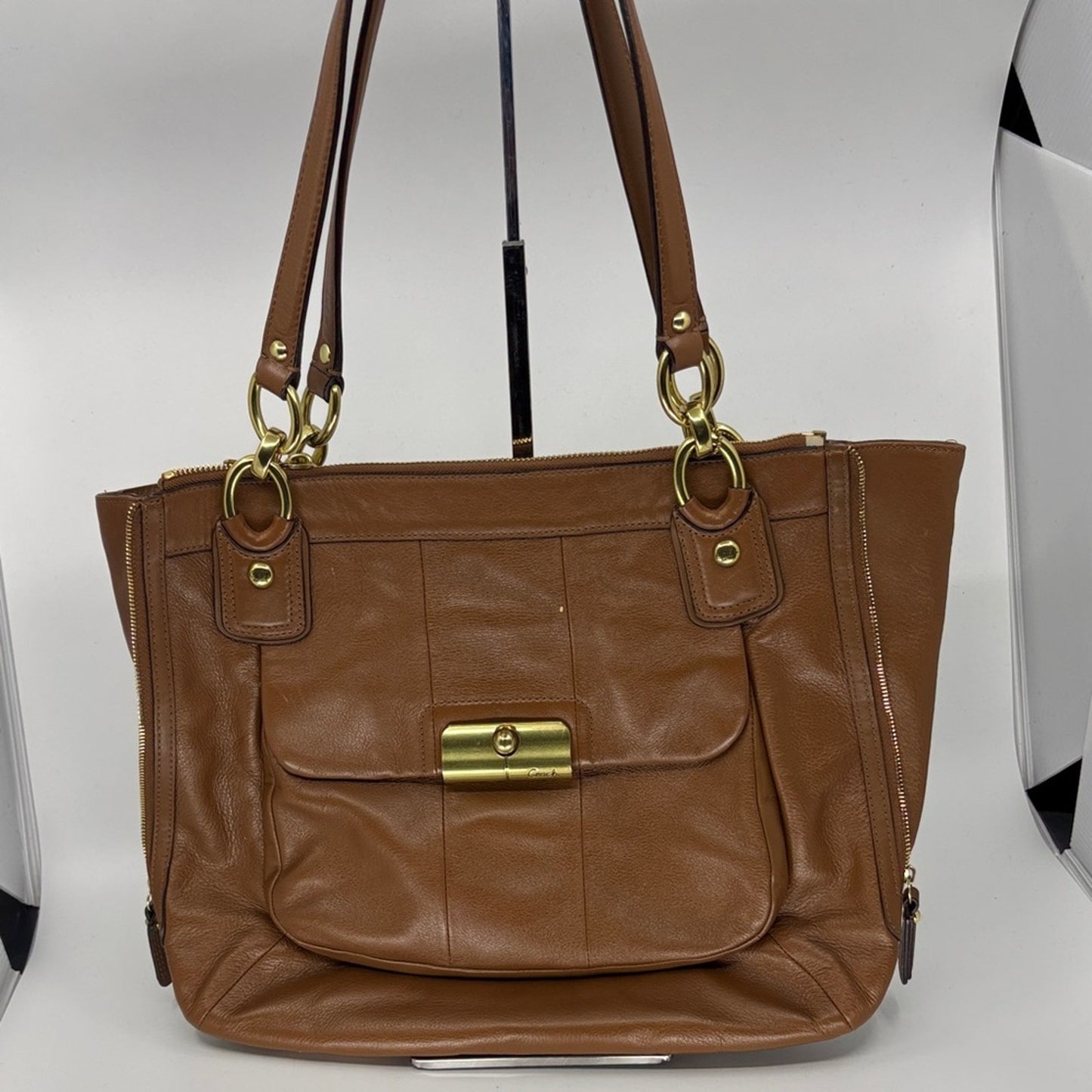 Coach Tan Leather Shoulder Bag with Gold Accents
