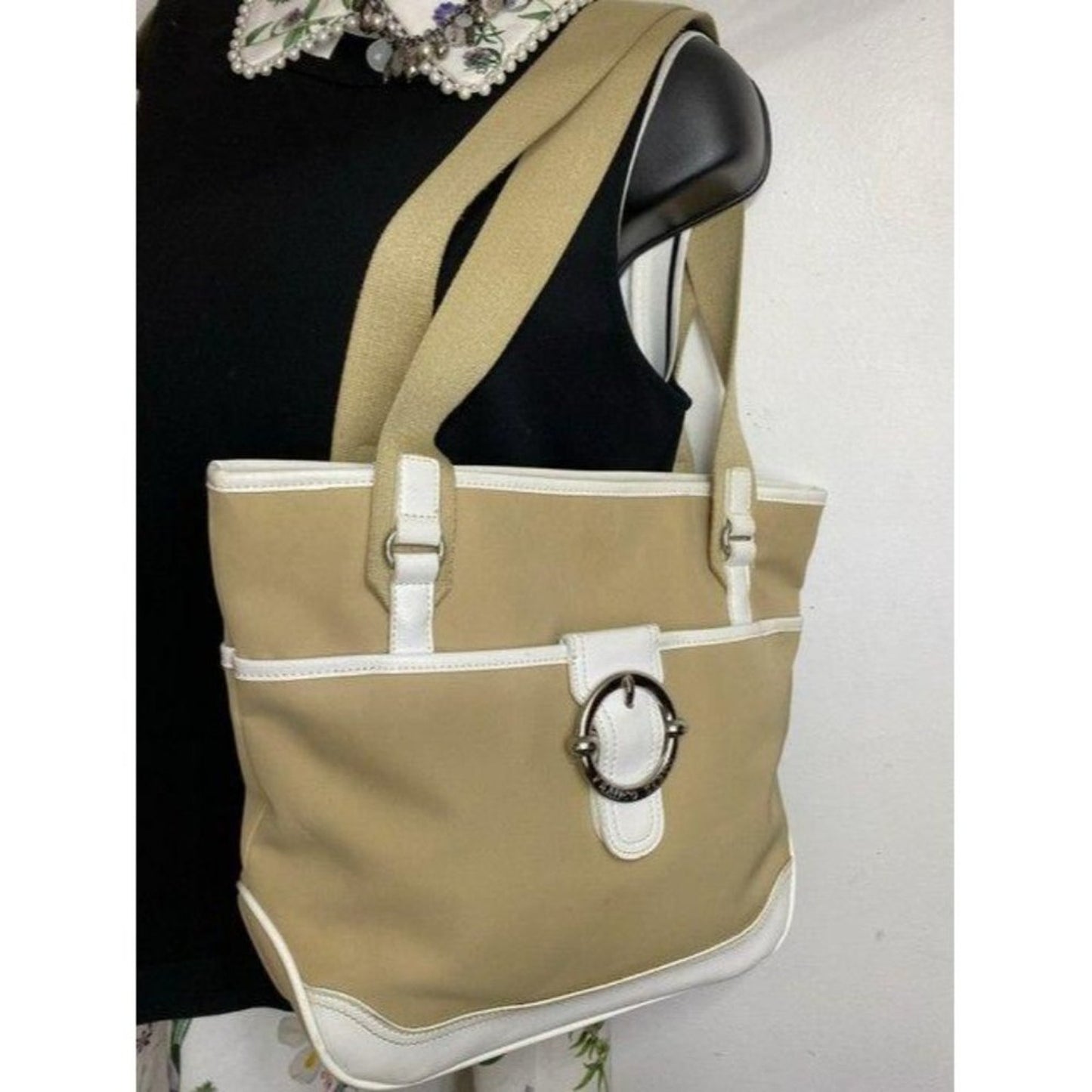 franco sarto bag white tan fabric tote