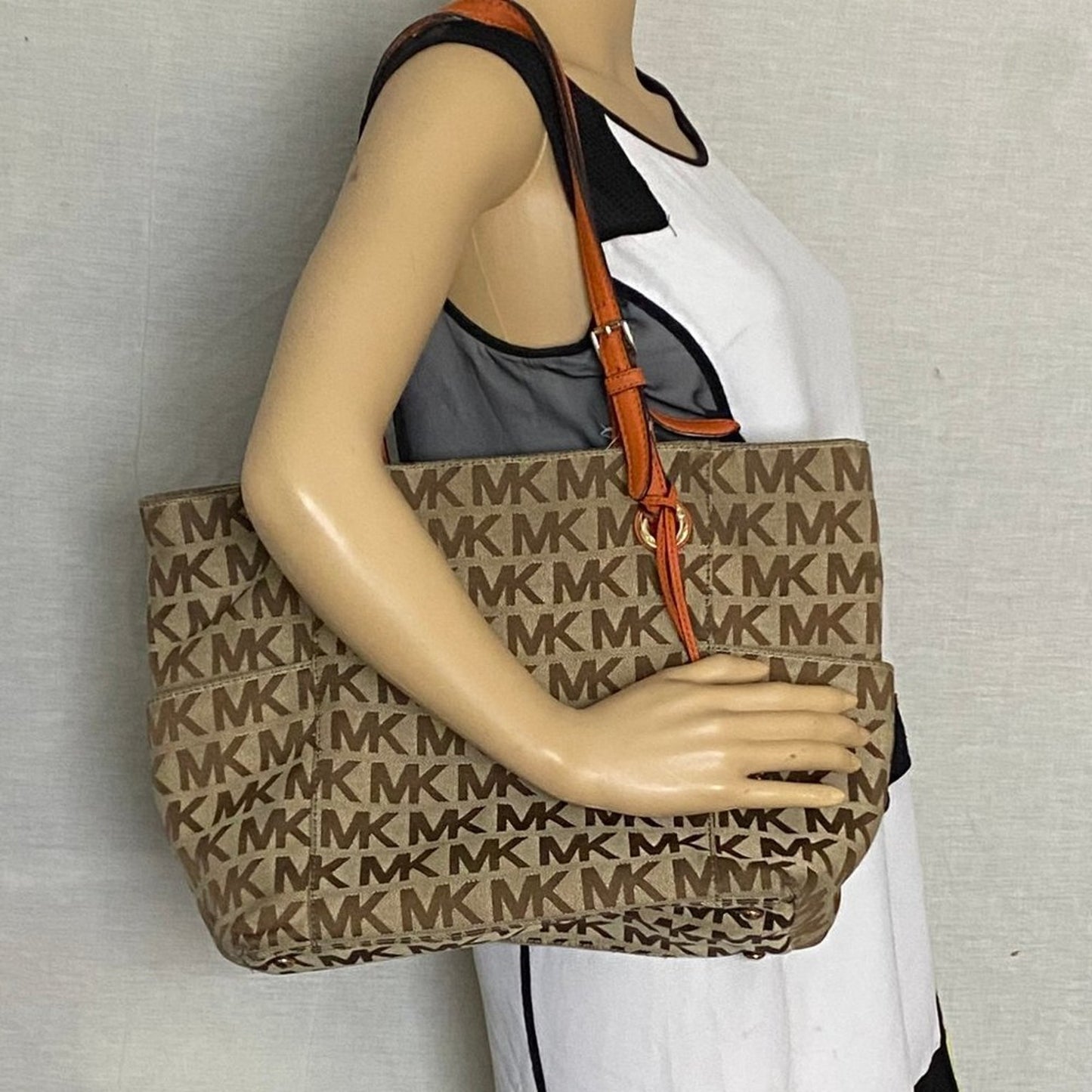 Michael Kors L Tan Orange Jacquard Fabric Tote