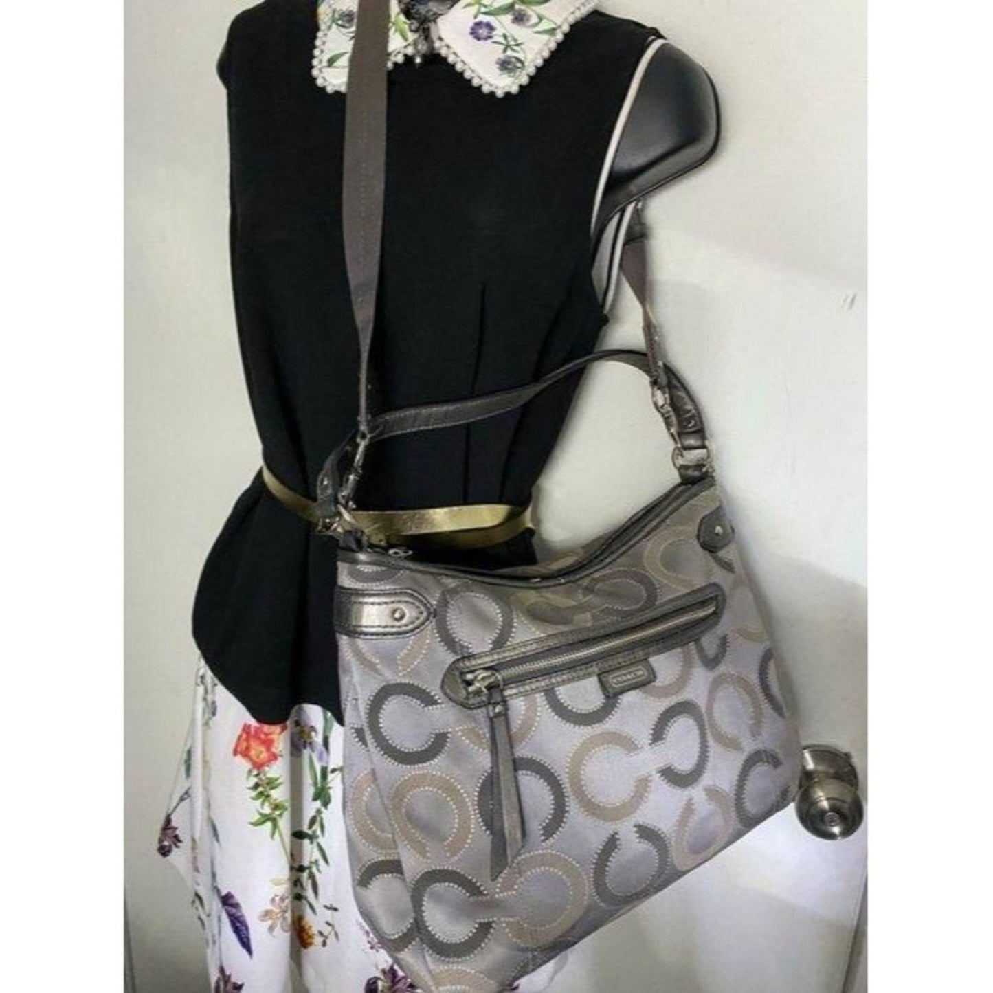 coach medium size silver gray jacquard fabric cros