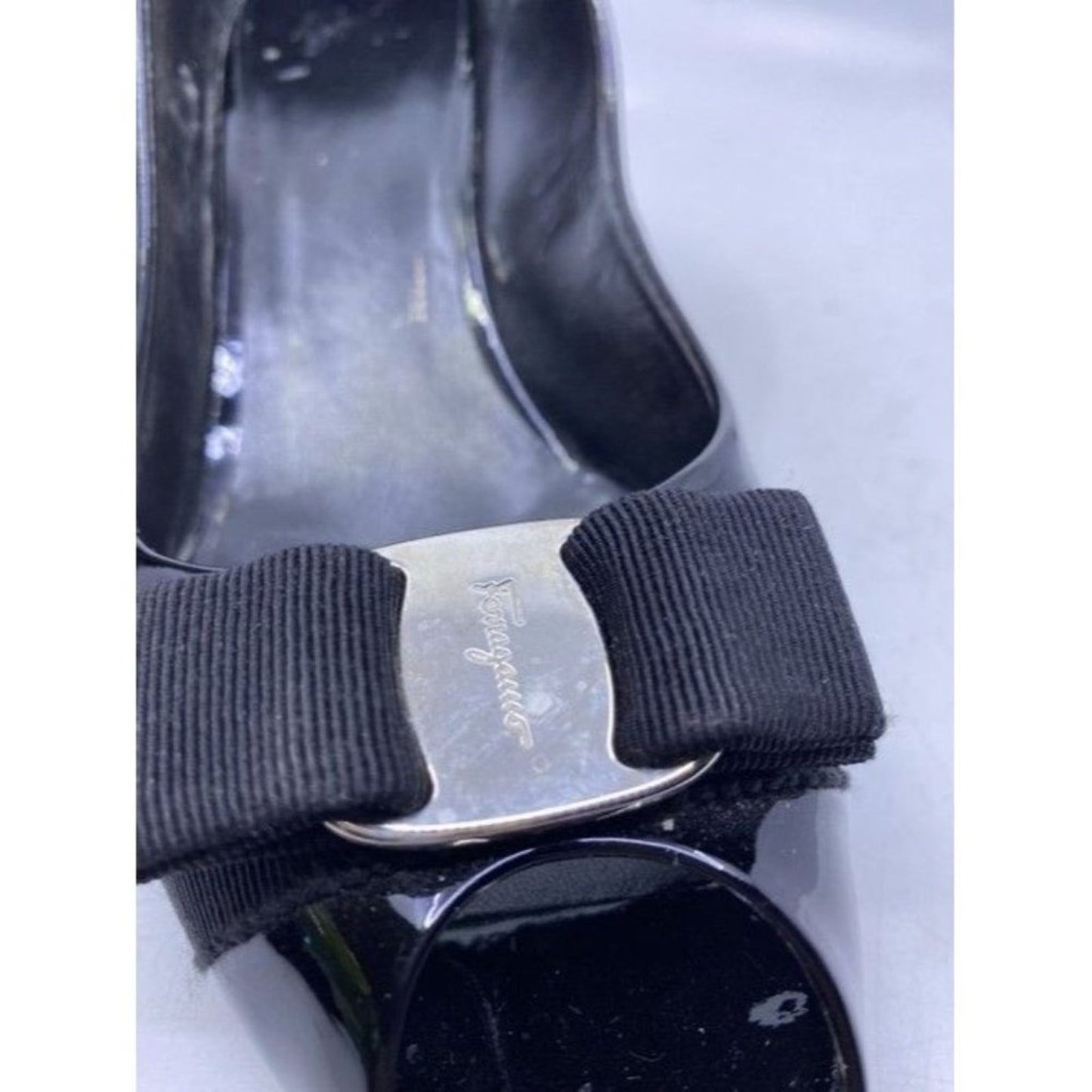Salvatore Ferragamo Black Ribes Open Toe Bow Pumps Size Us