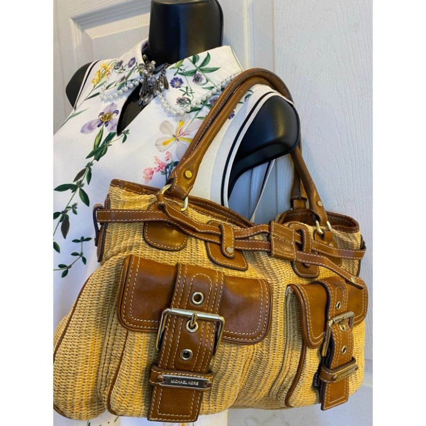 Michael Kors Yellow Brown Woven Tote Bag