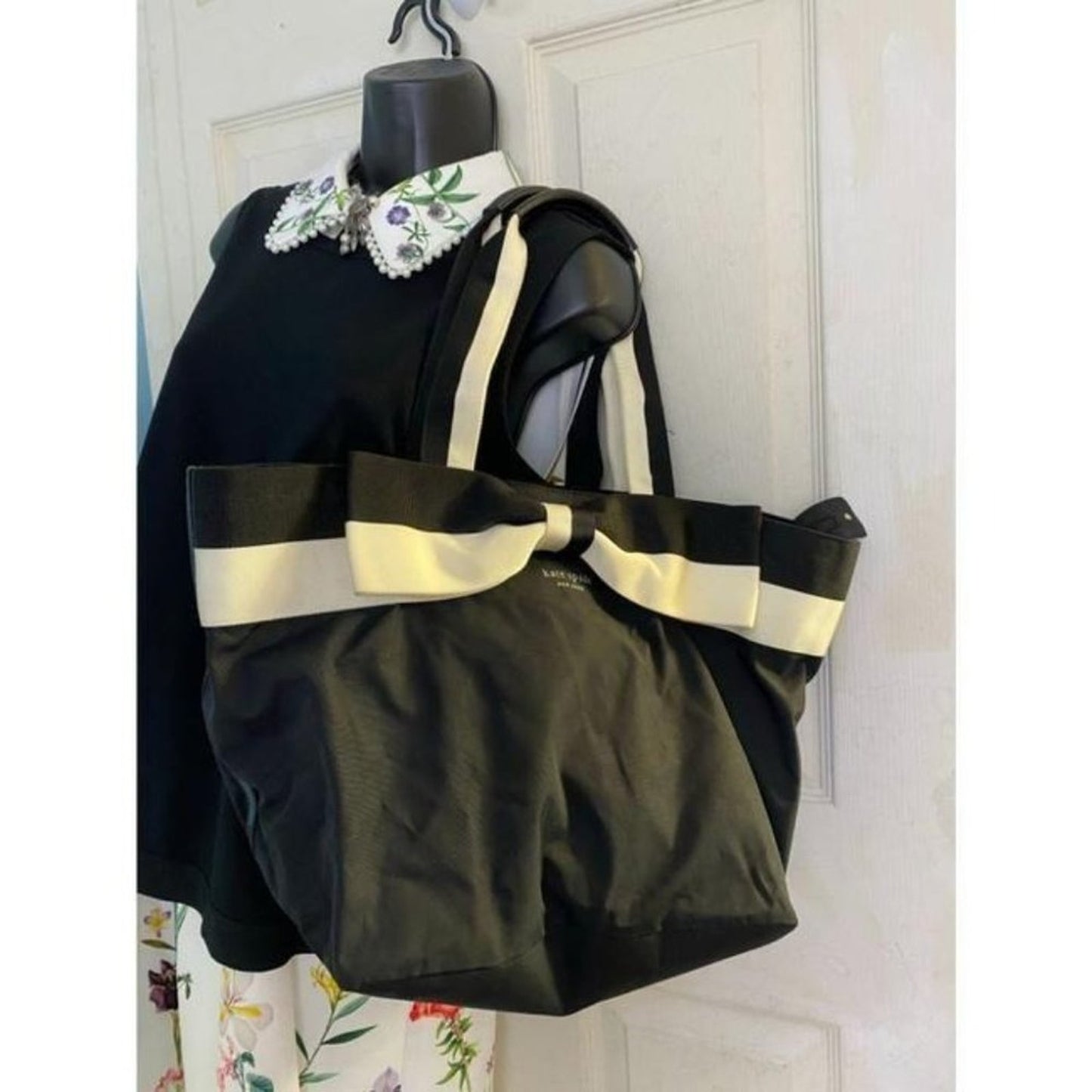kate spade shopping large cream black nylon tote