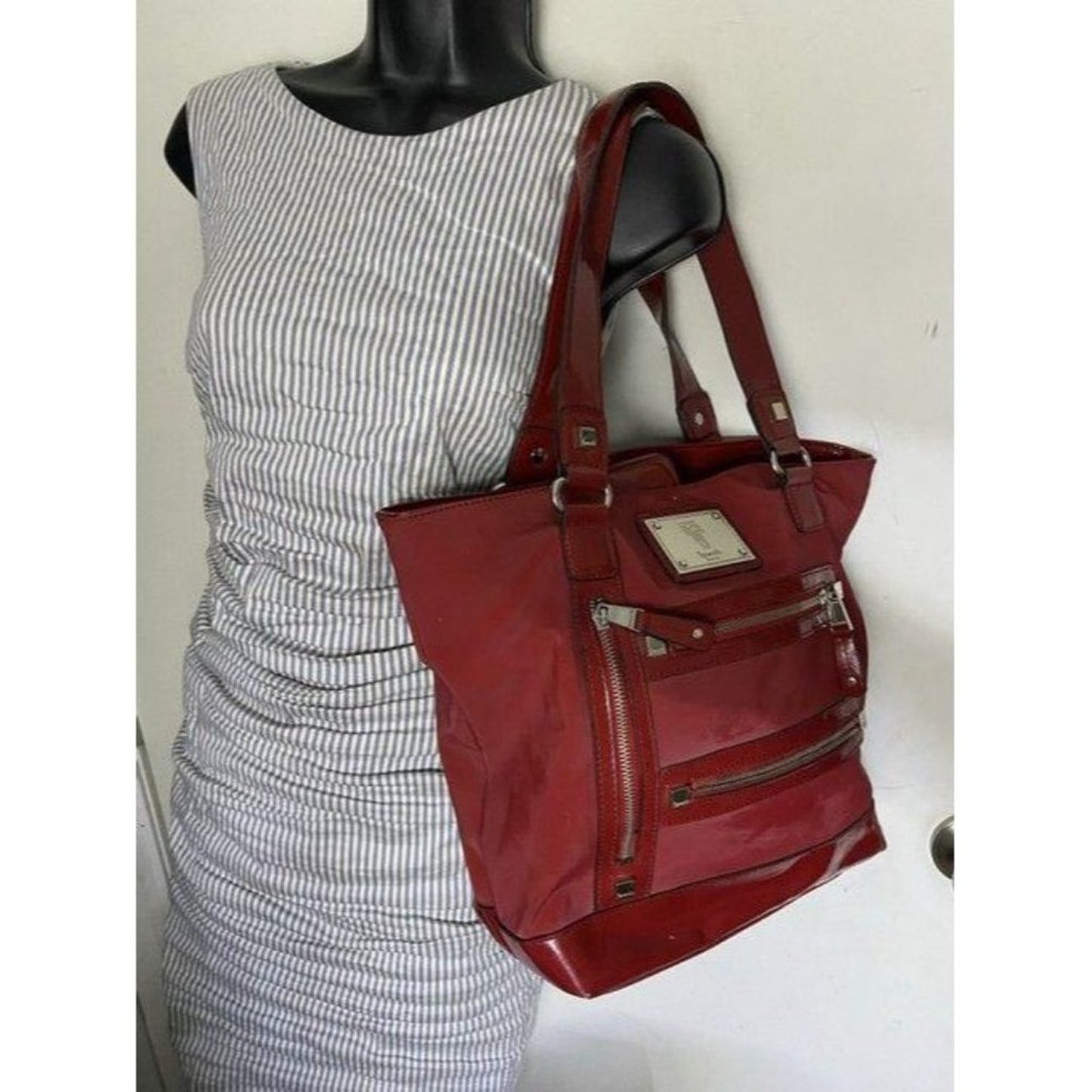 Tignanello Shoulder Bag Red Nylon Fabric Tote