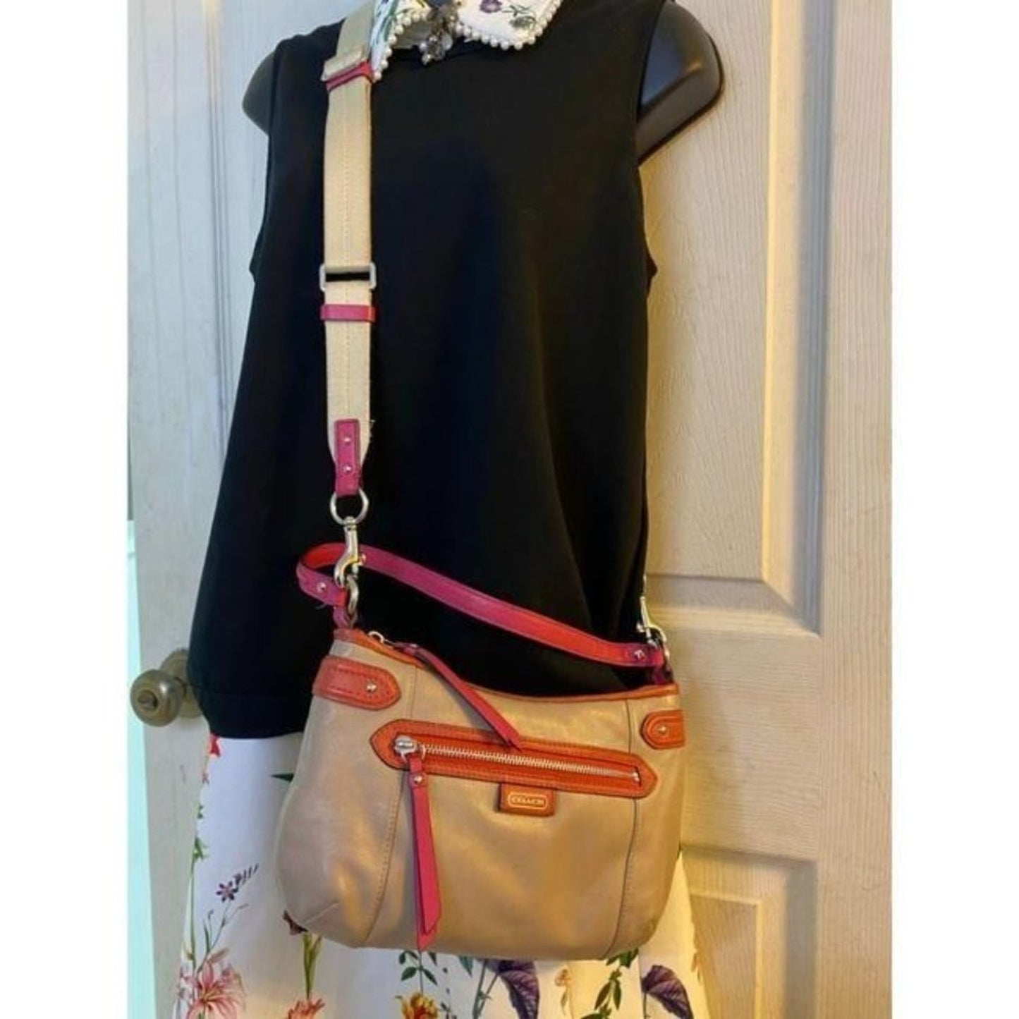 coach medium w adjustable strap tan pink leather c