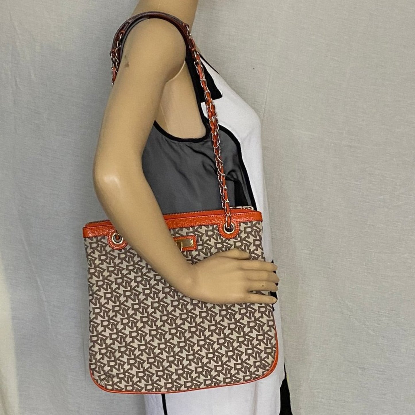 DKNY Tan Orange All Over Logo Fabric Shoulder Bag
