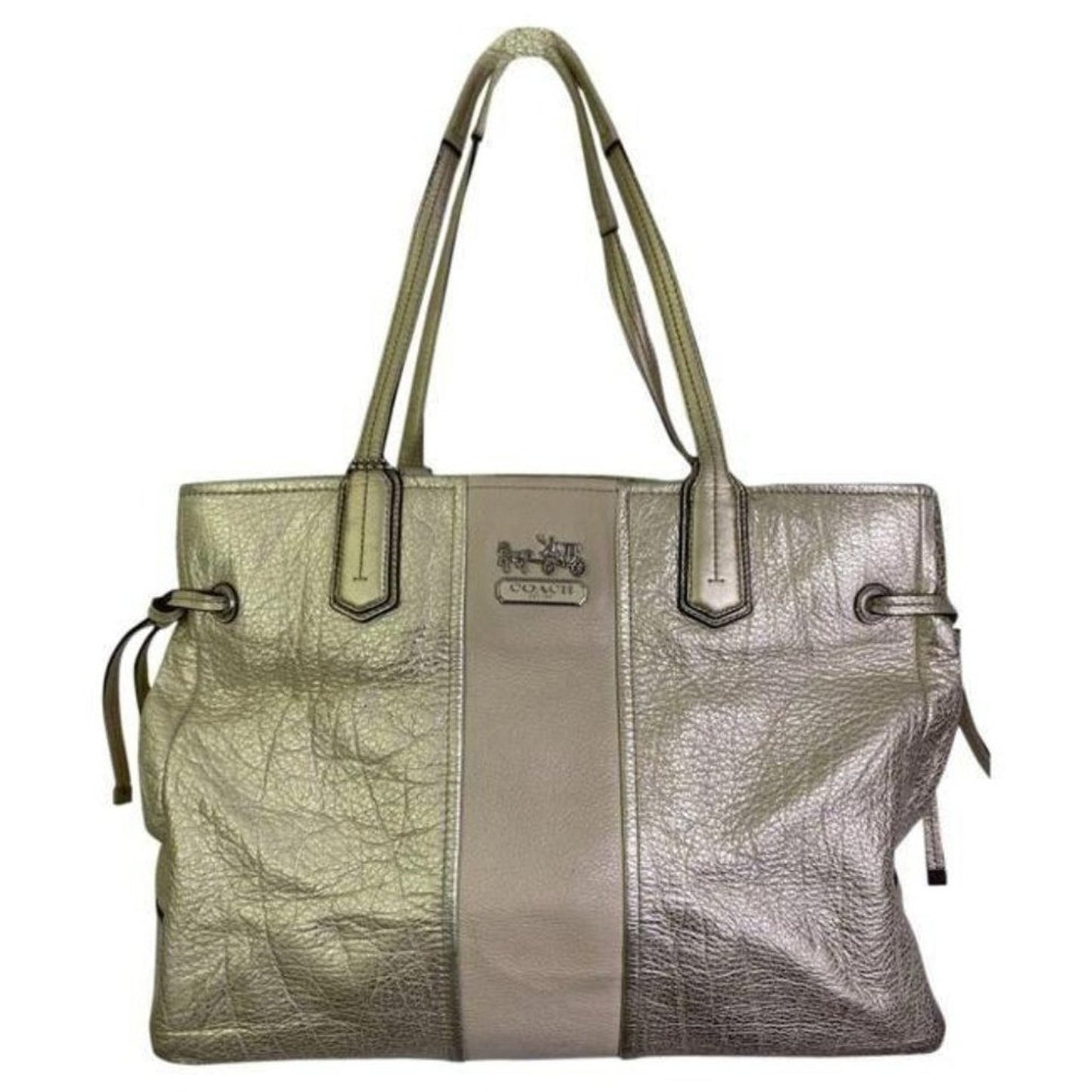 COACH XL Cream Silver Leather Shopping Tote Bag