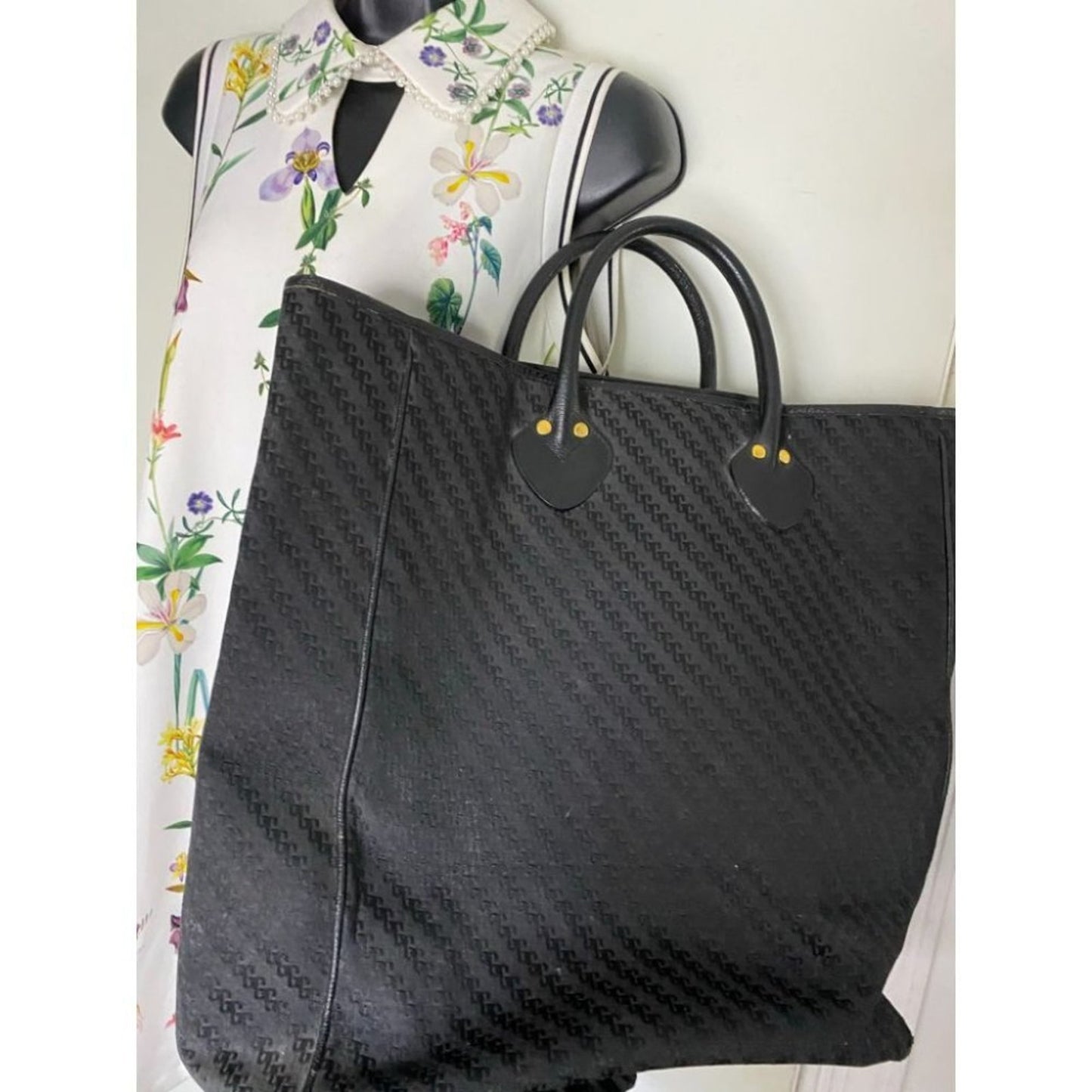 GUCCI XL Vintage Tote Bag Black Jacquard Fabric