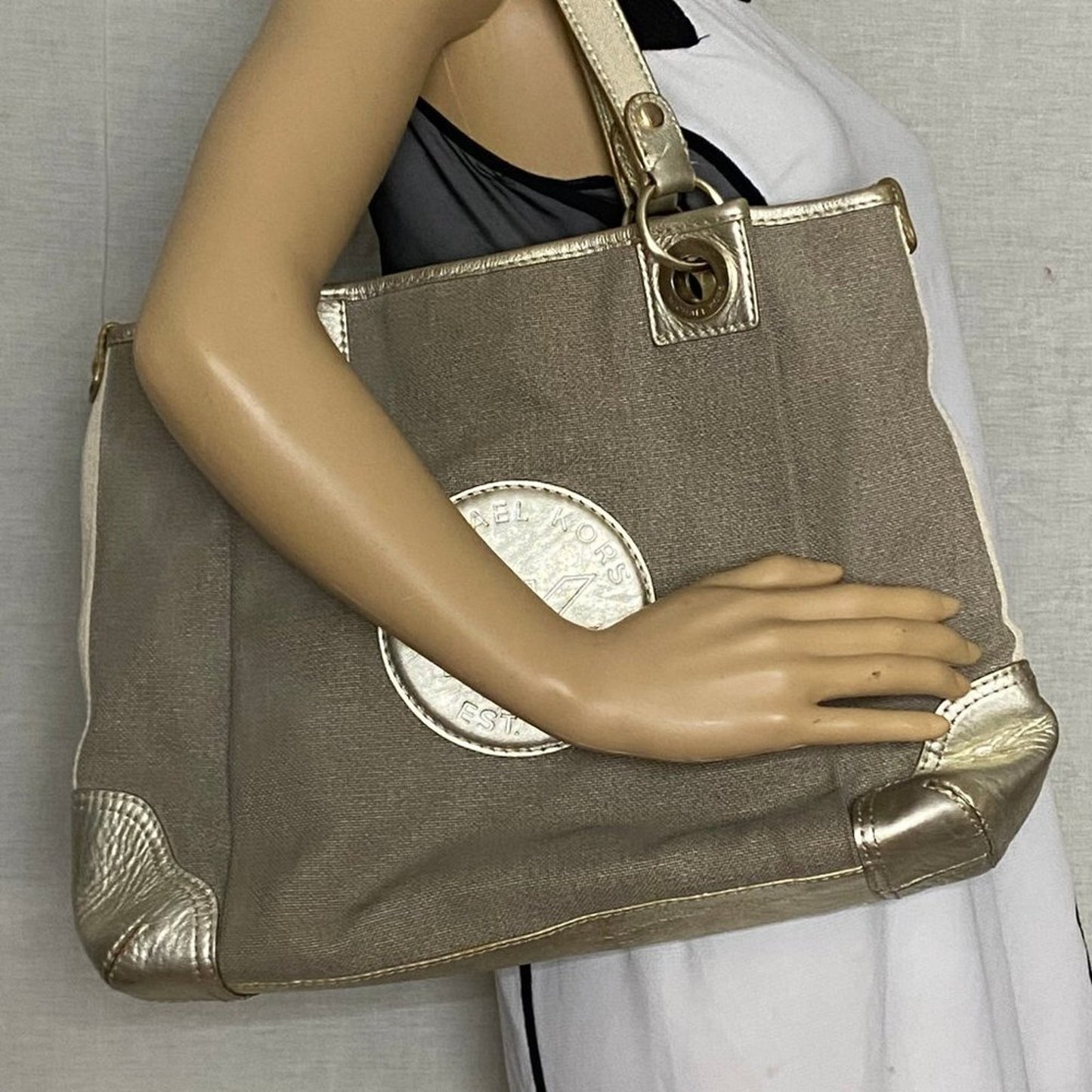 Michael Kors M Tan Interwoven Canvas Shoulder Bag