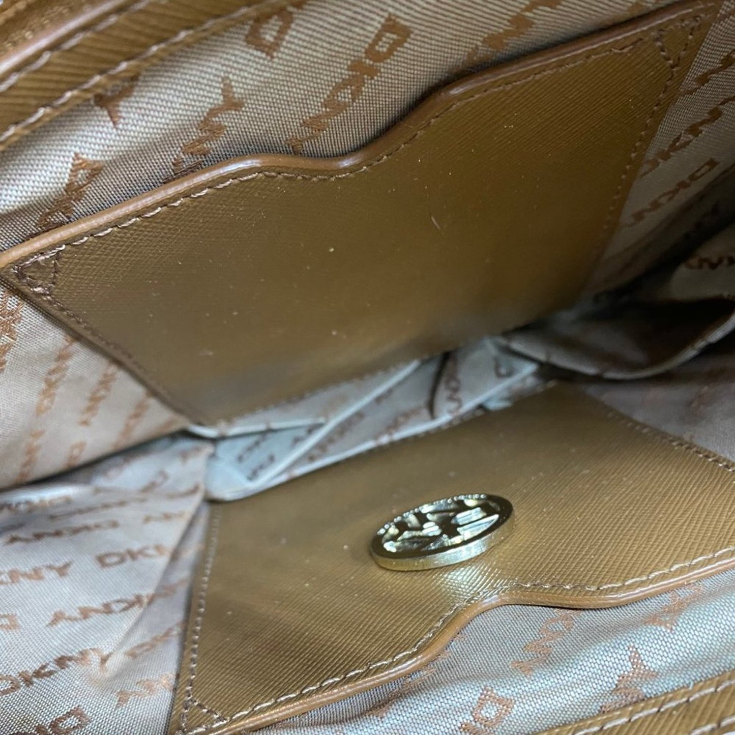 DKNY Tan Orange All Over Logo Fabric Shoulder Bag