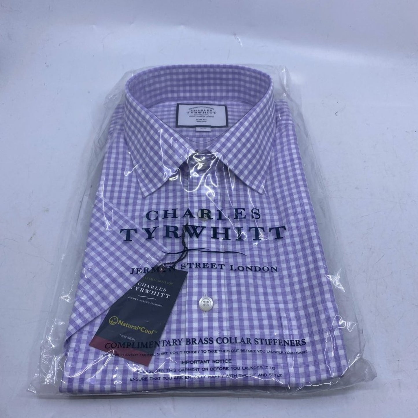 Charles Tyrwhitt purple non iron natural cool poplin check slim fit SS s…
