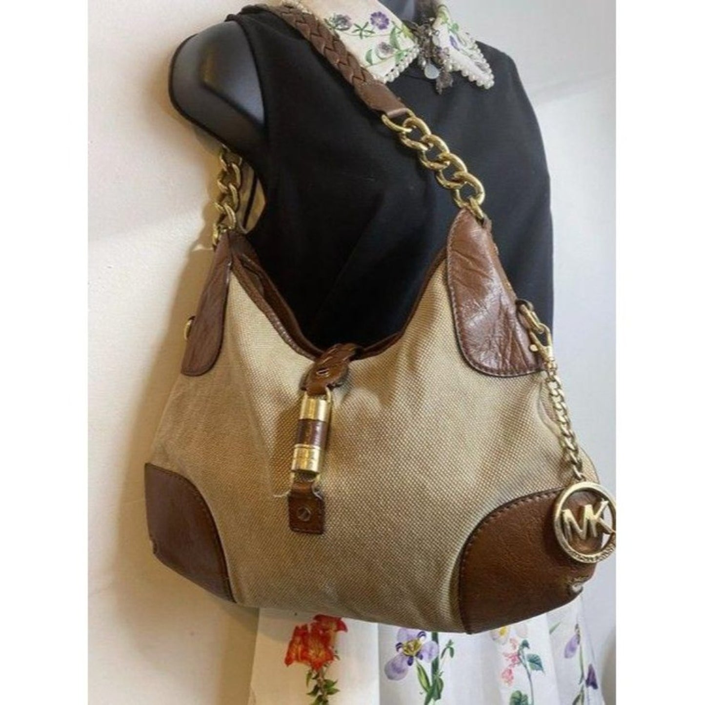 michael kors handbag tan brown fabric hobo bag
