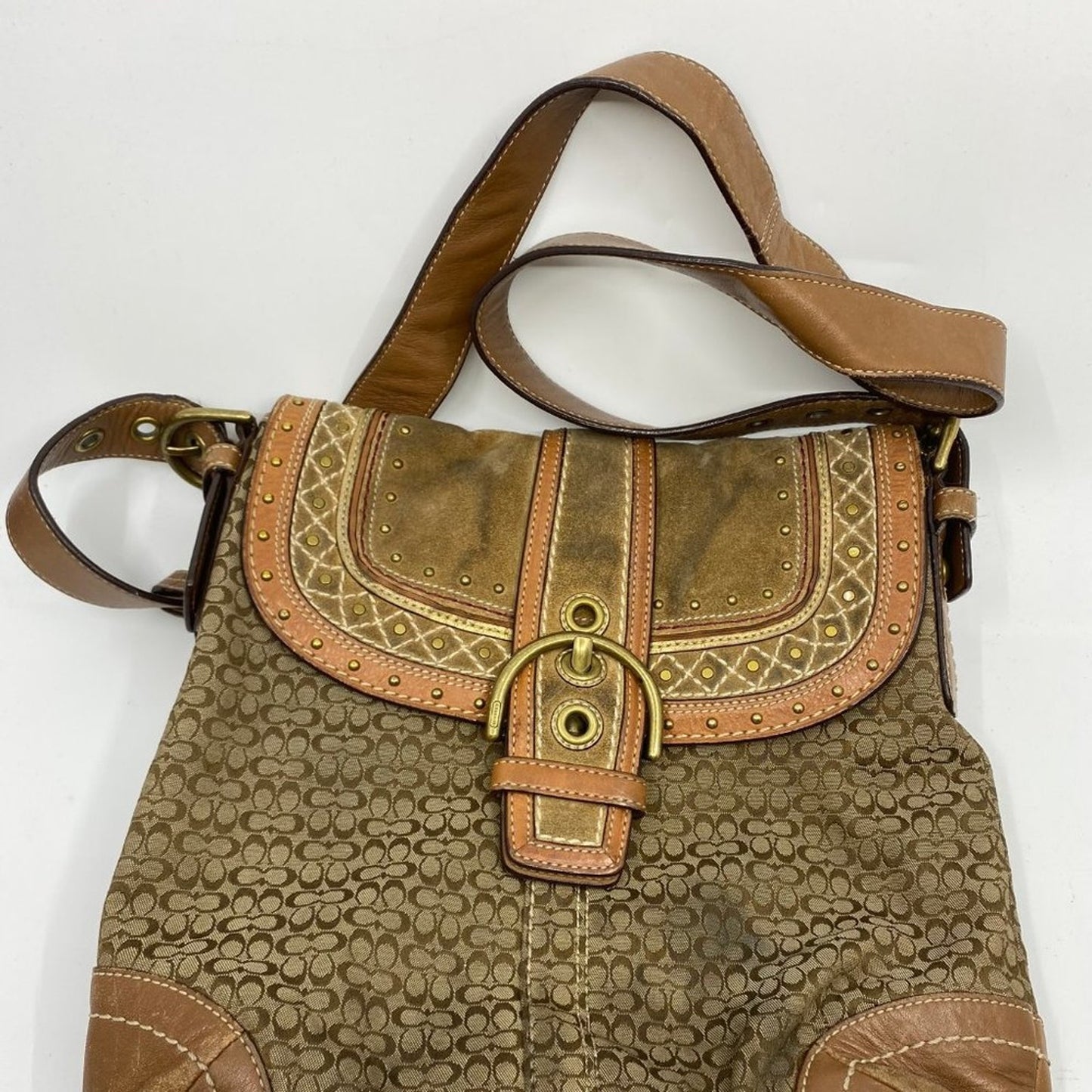COACH XL Tan Brown Jacquard Fabric Crossbody Bag