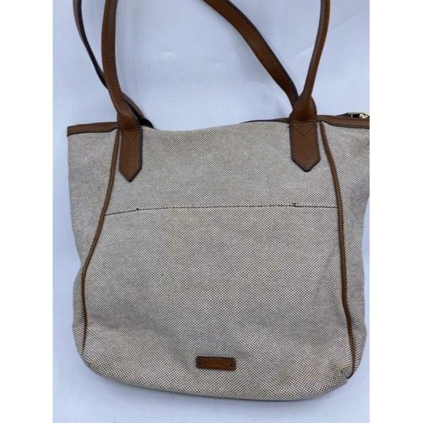 Fossil Tote Brown White Nylon Fabric Shoulder Bag