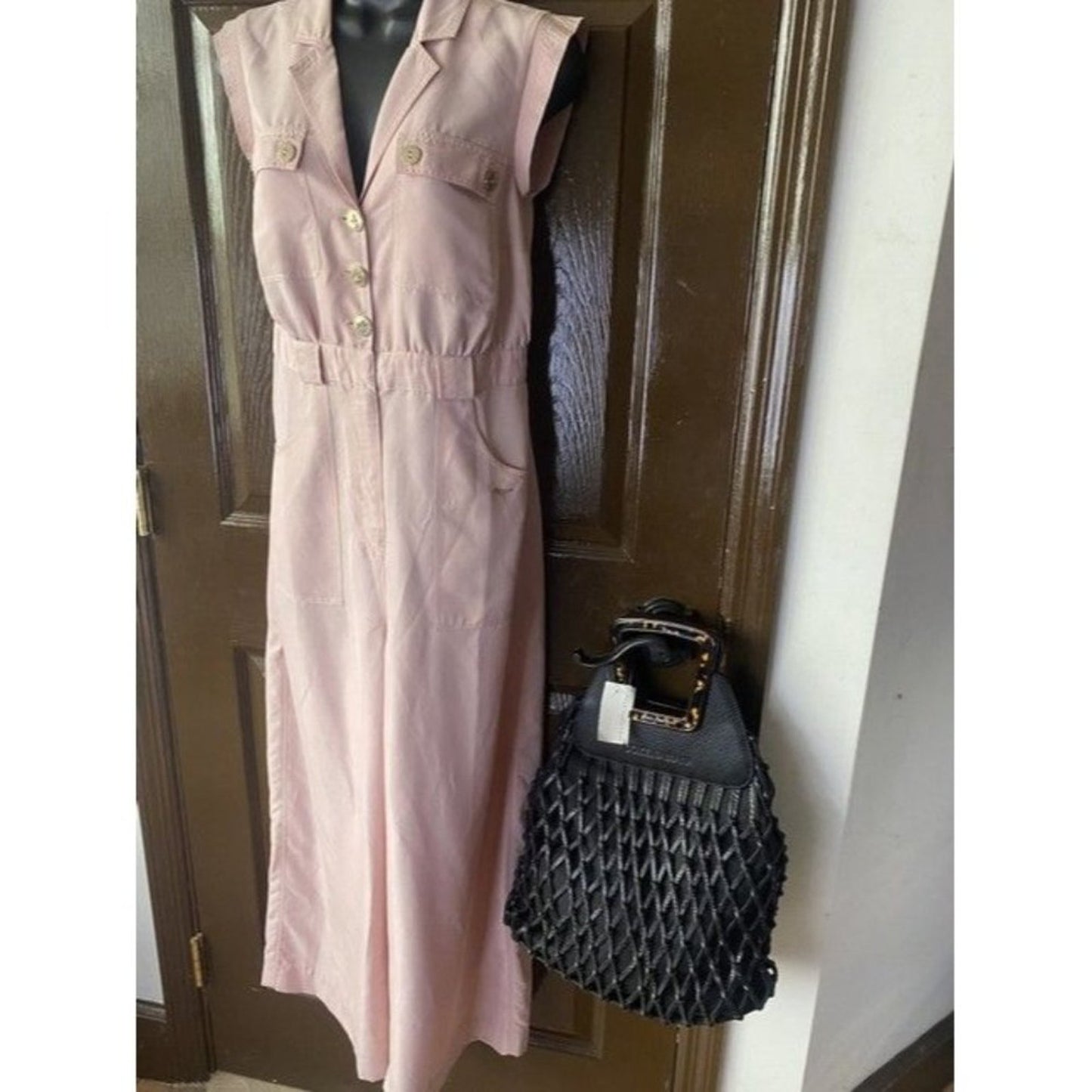 Dolce And Gabbana Woven With Tortoise Wood Handle Black Leather Tote