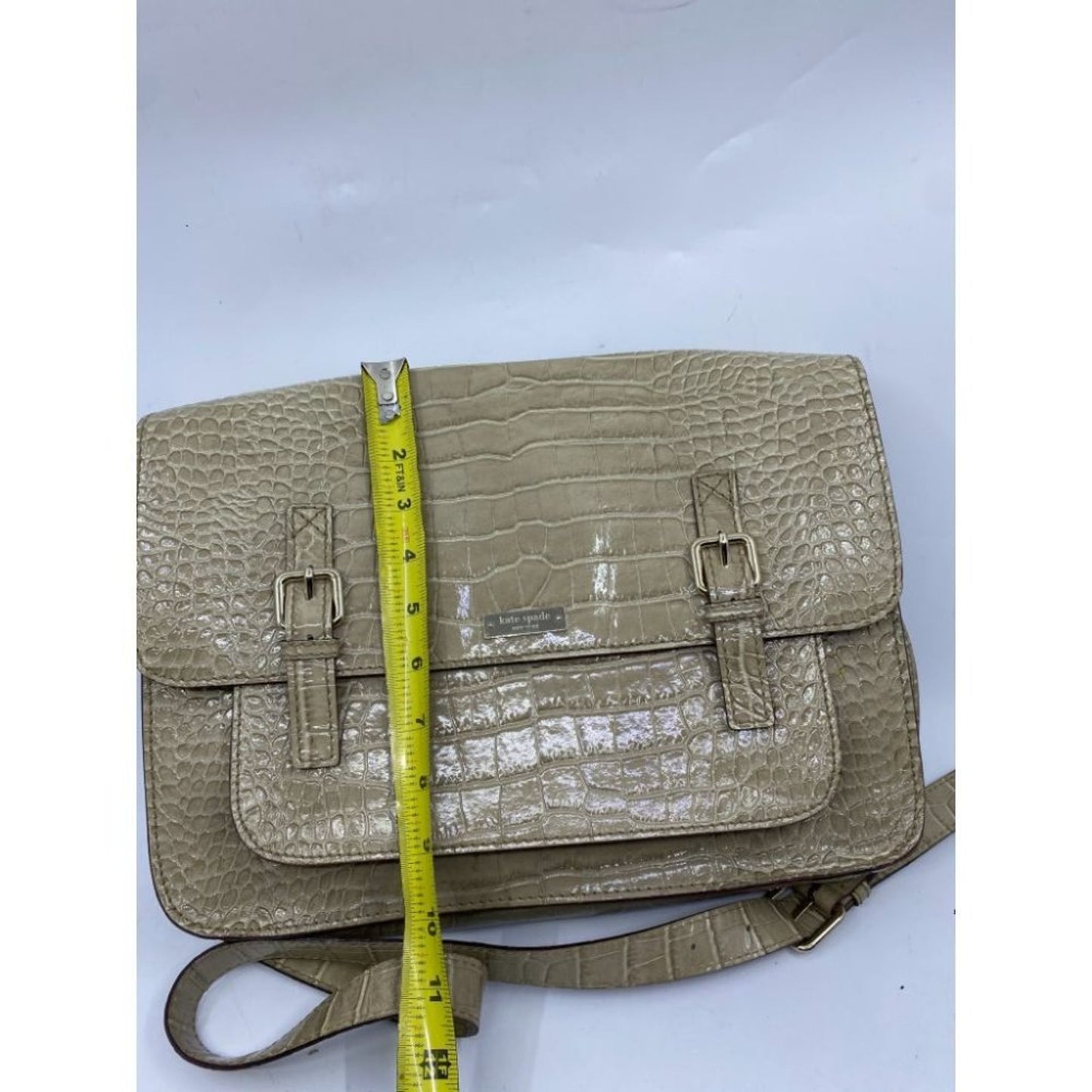 KATE SPADE Tan Patent Croc Embossed Messenger Bag
