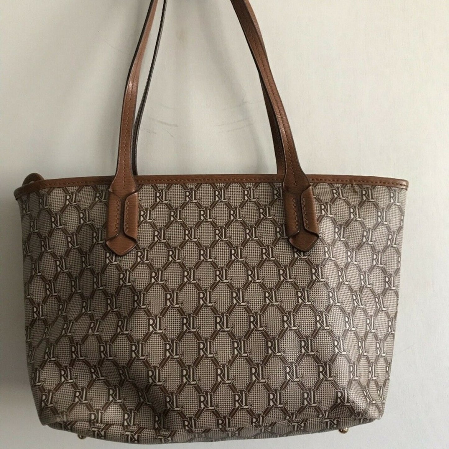 RALPH LAUREN Medium Brown Leather Logo Tote