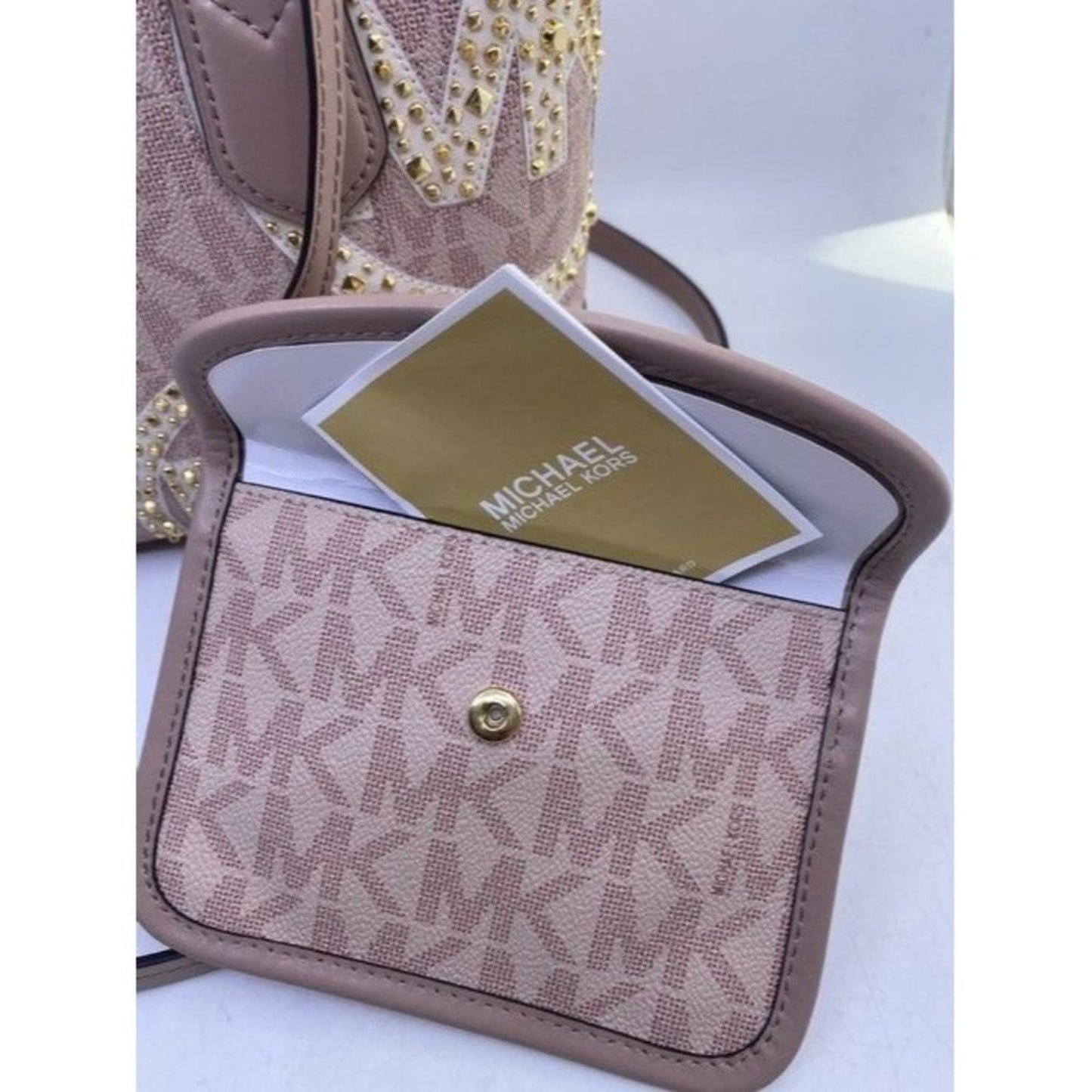 Michael Kors Brooklyn Eva Studded With Pouch Smokey Rose Embossed Pebble…