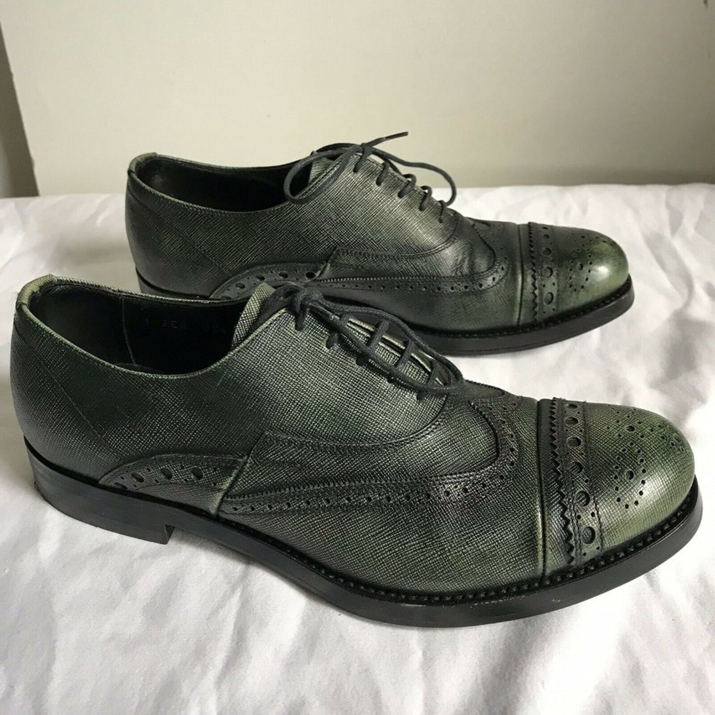 PRADA Olive Grained Leather Oxford Shoes Mens 6/ W