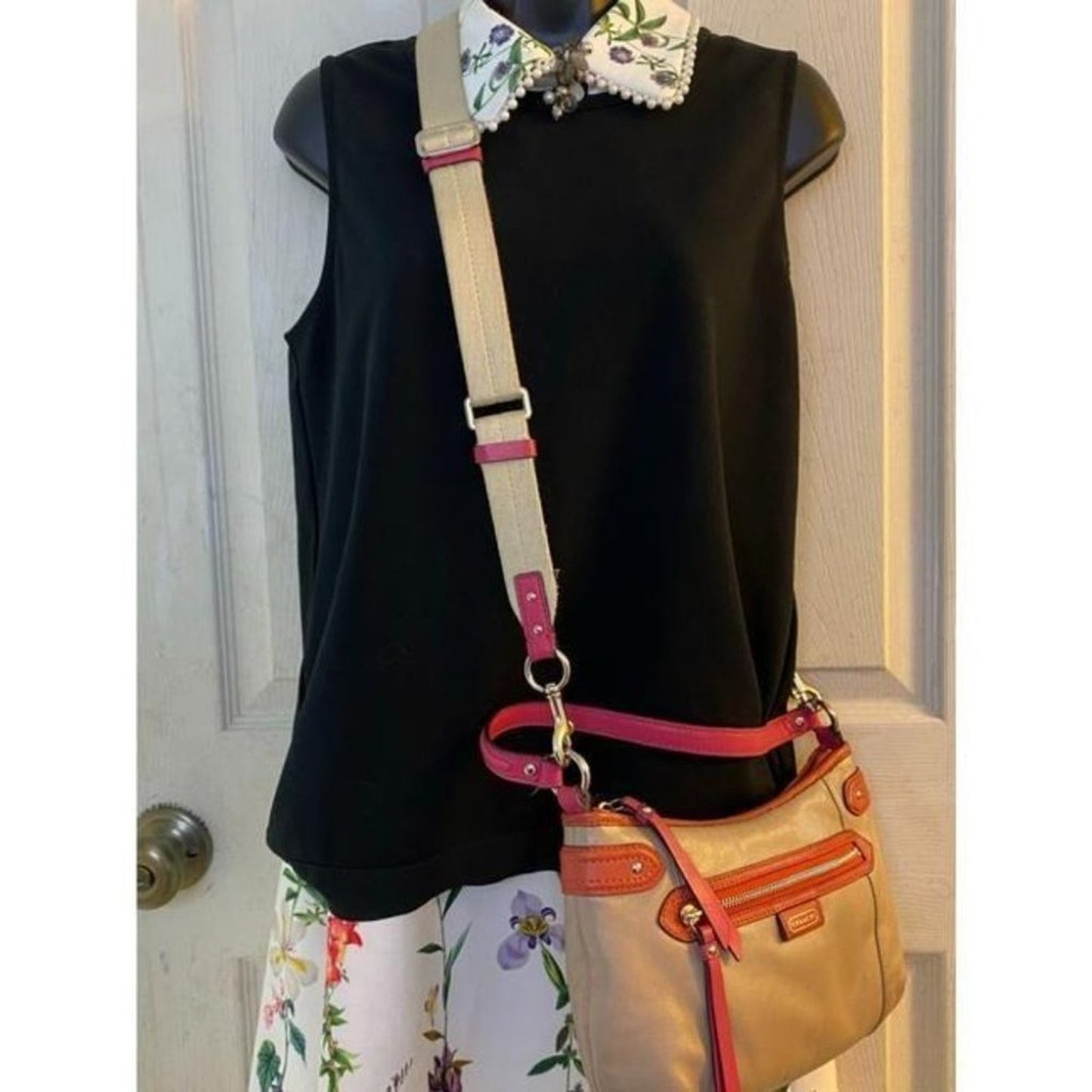 coach medium w adjustable strap tan pink leather c