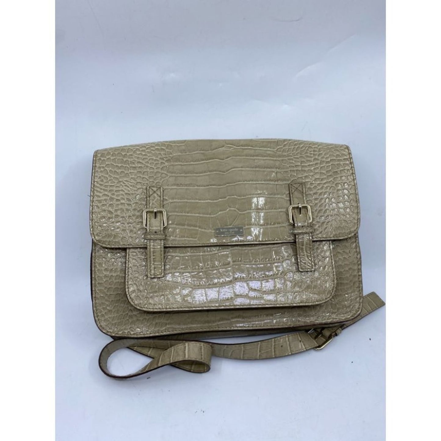 KATE SPADE Tan Patent Croc Embossed Messenger Bag