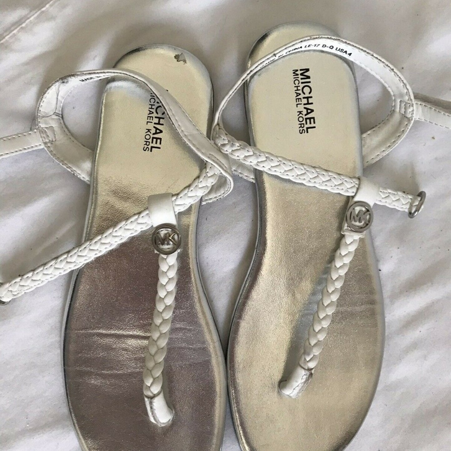 MICHAEL KORS White/Silver Braided T-Strap Sandal